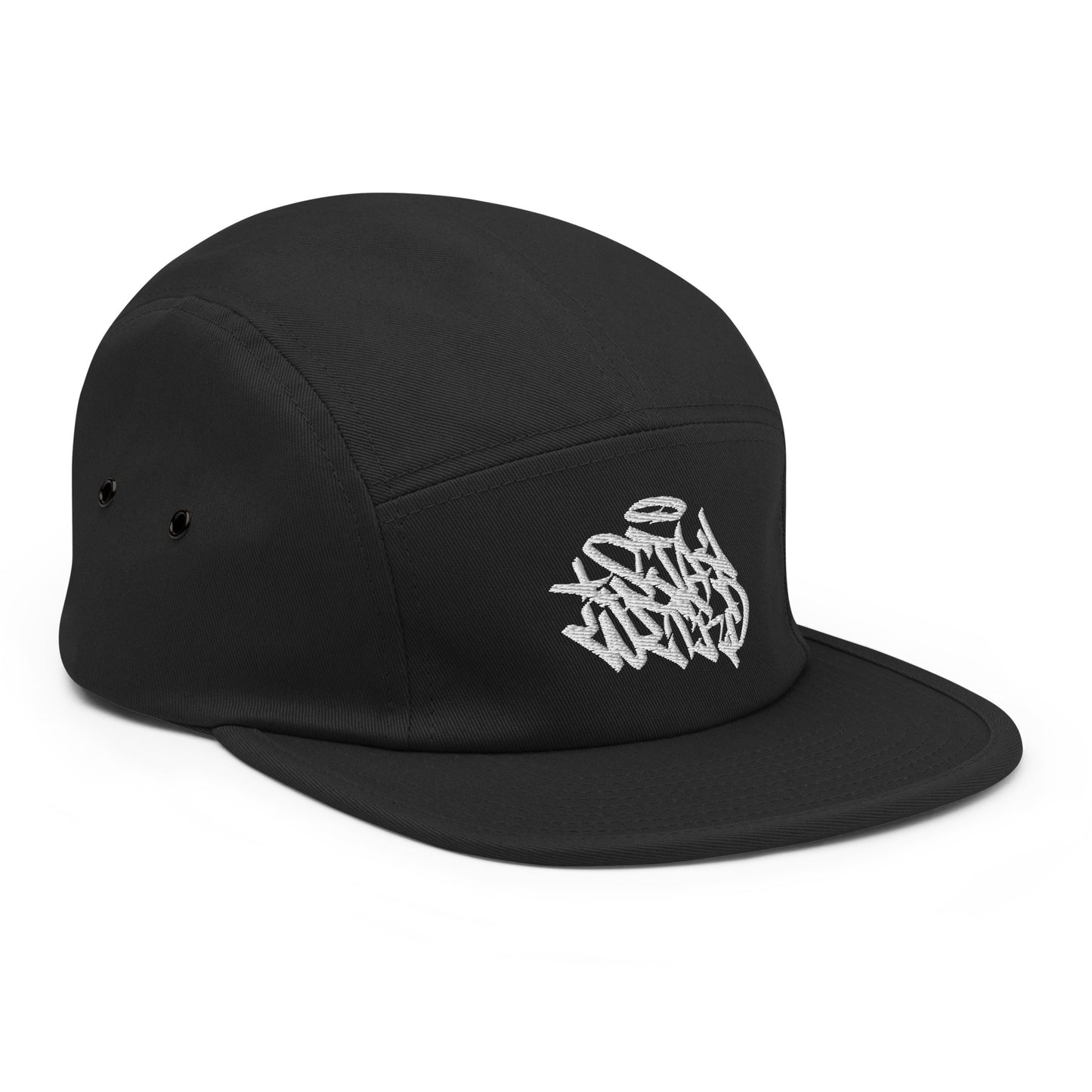 Black-Stay Weird Graffiti Tag 5-Panel Snapback Hat from B.Different Clothing, 3/4 right view, graffiti-inspired streetwear