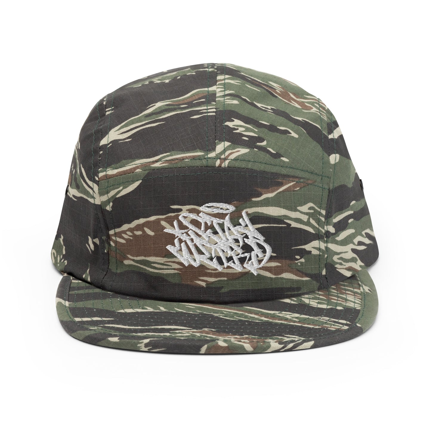 Camo-Stay Weird Graffiti Tag 5-Panel Snapback Hat from B.Different Clothing, front view, graffiti-inspired streetwear