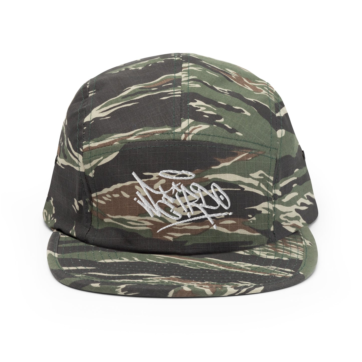 Camo-Weirdo Graffiti Tag 5-panel Snapback Hat from B.Different Clothing, front view, graffiti-inspired streetwear