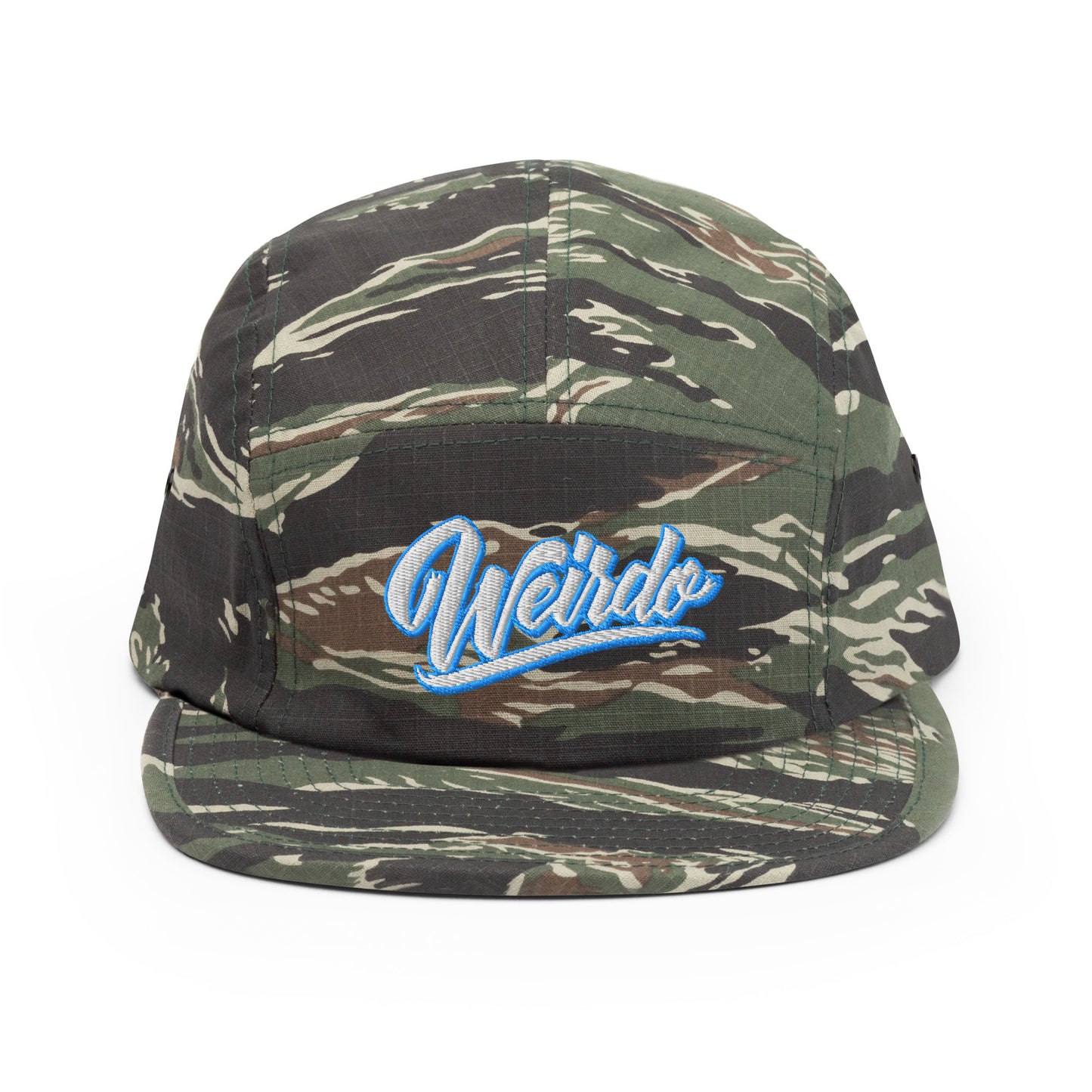 Camo-Weirdo 5-panel Snapback Hat from B.Different Clothing, front view, graffiti-inspired streetwear
