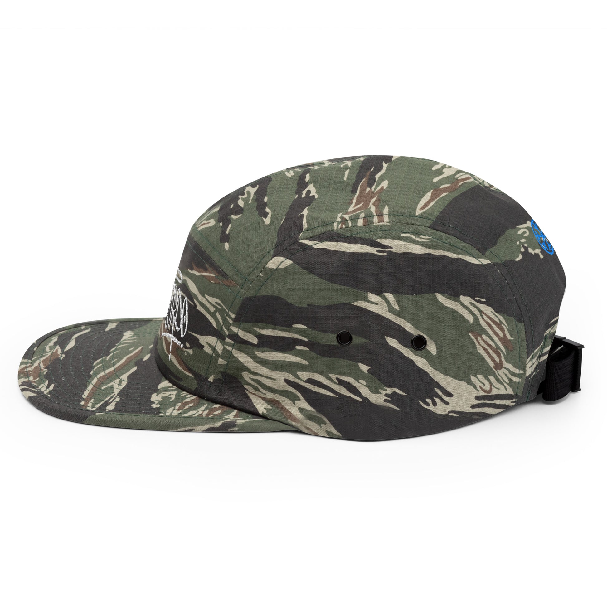 Camo-Weirdo Graffiti Tag 5-panel Snapback Hat from B.Different Clothing, left view, graffiti-inspired streetwear