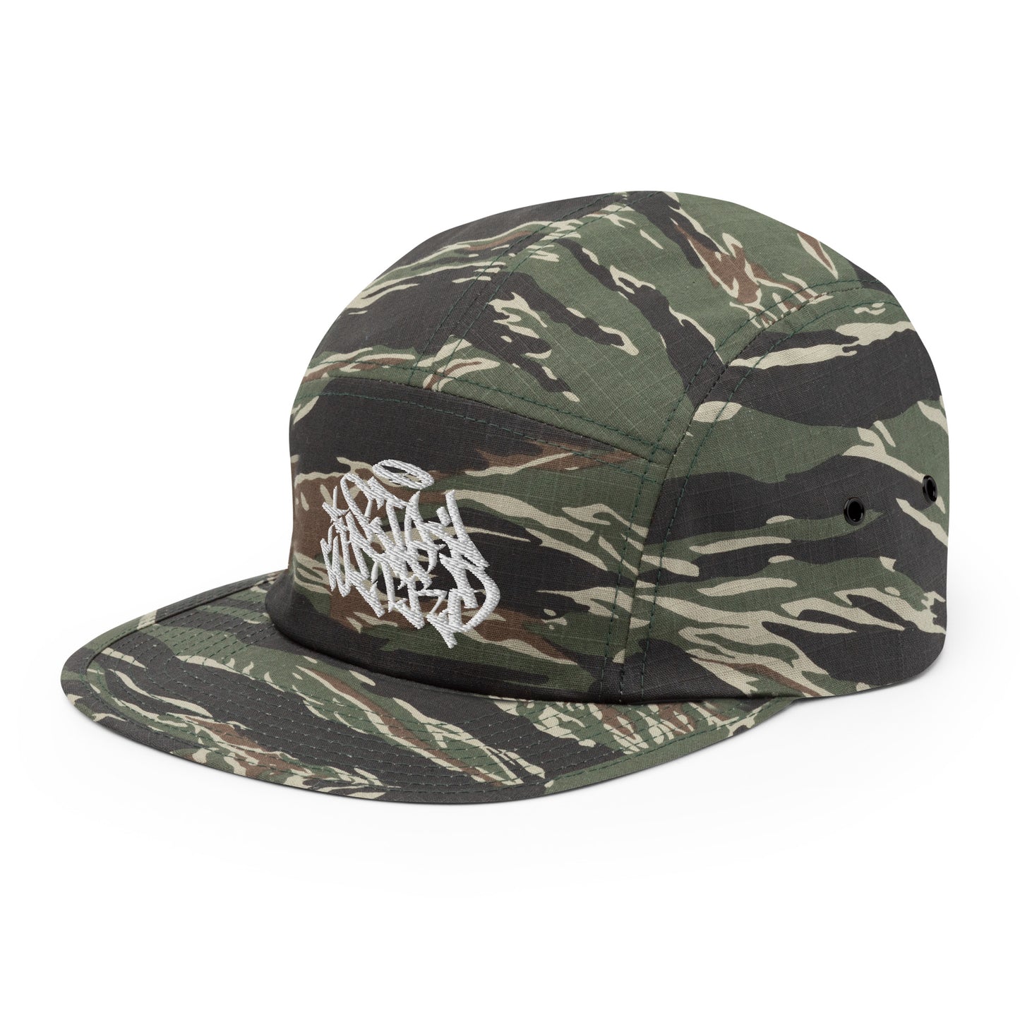Camo-Stay Weird Graffiti Tag 5-Panel Snapback Hat from B.Different Clothing, 3/4 left view, graffiti-inspired streetwear