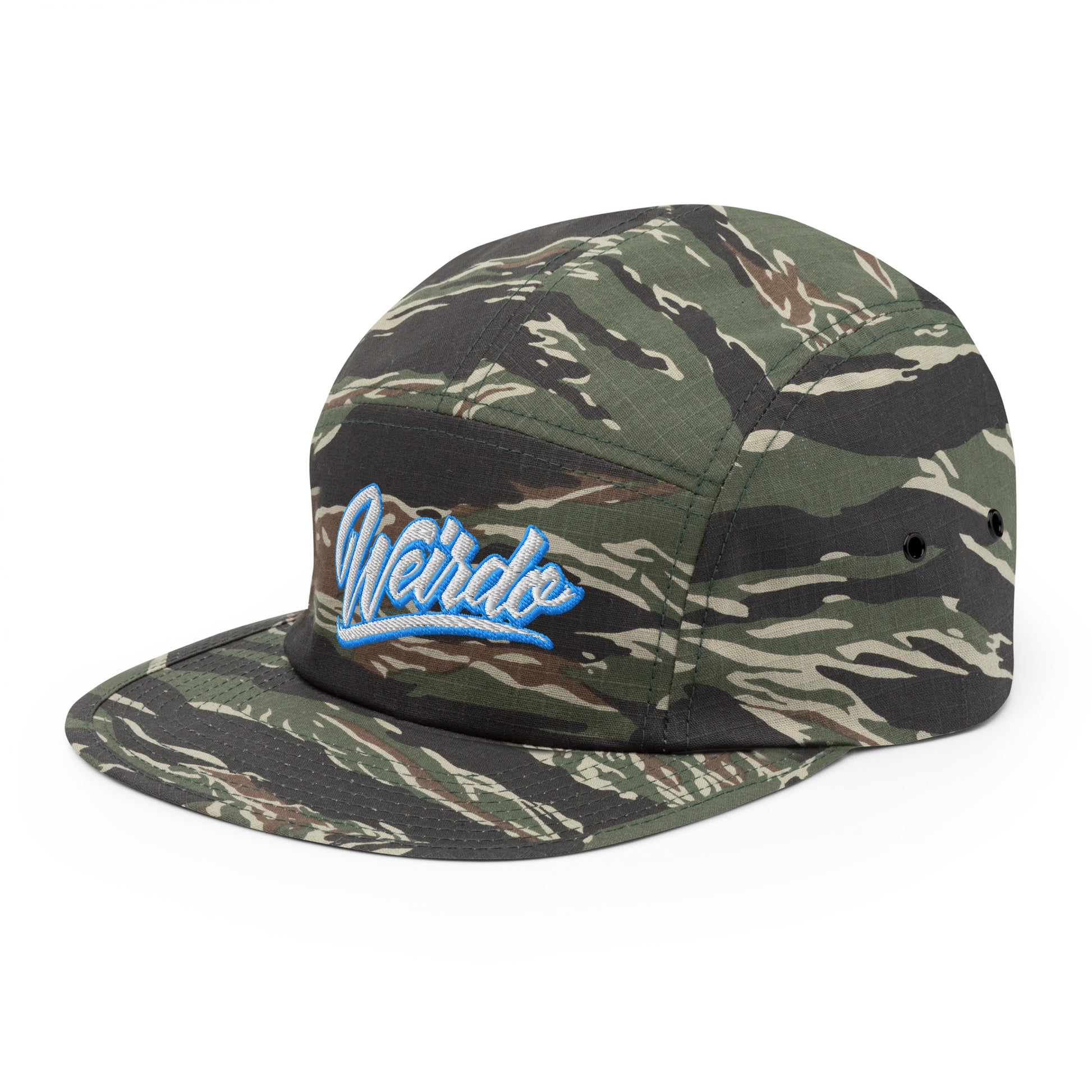 Camo-Weirdo 5-panel Snapback Hat from B.Different Clothing, 3/4 left view, graffiti-inspired streetwear