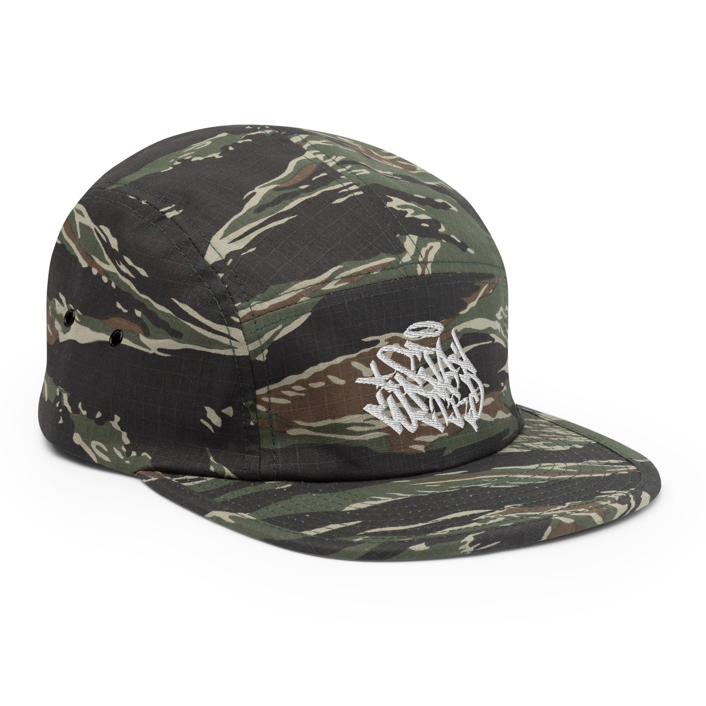 Camo-Stay Weird Graffiti Tag 5-Panel Snapback Hat from B.Different Clothing, 3/4 right view, graffiti-inspired streetwear