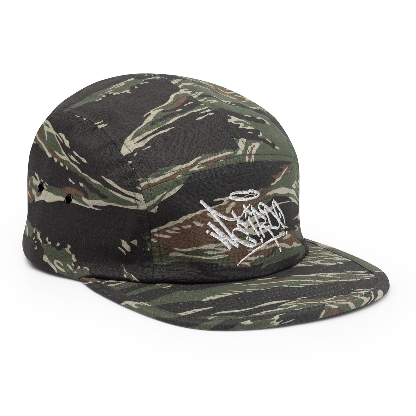 Camo-Weirdo Graffiti Tag 5-panel Snapback Hat from B.Different Clothing, 3/4 right view, graffiti-inspired streetwear