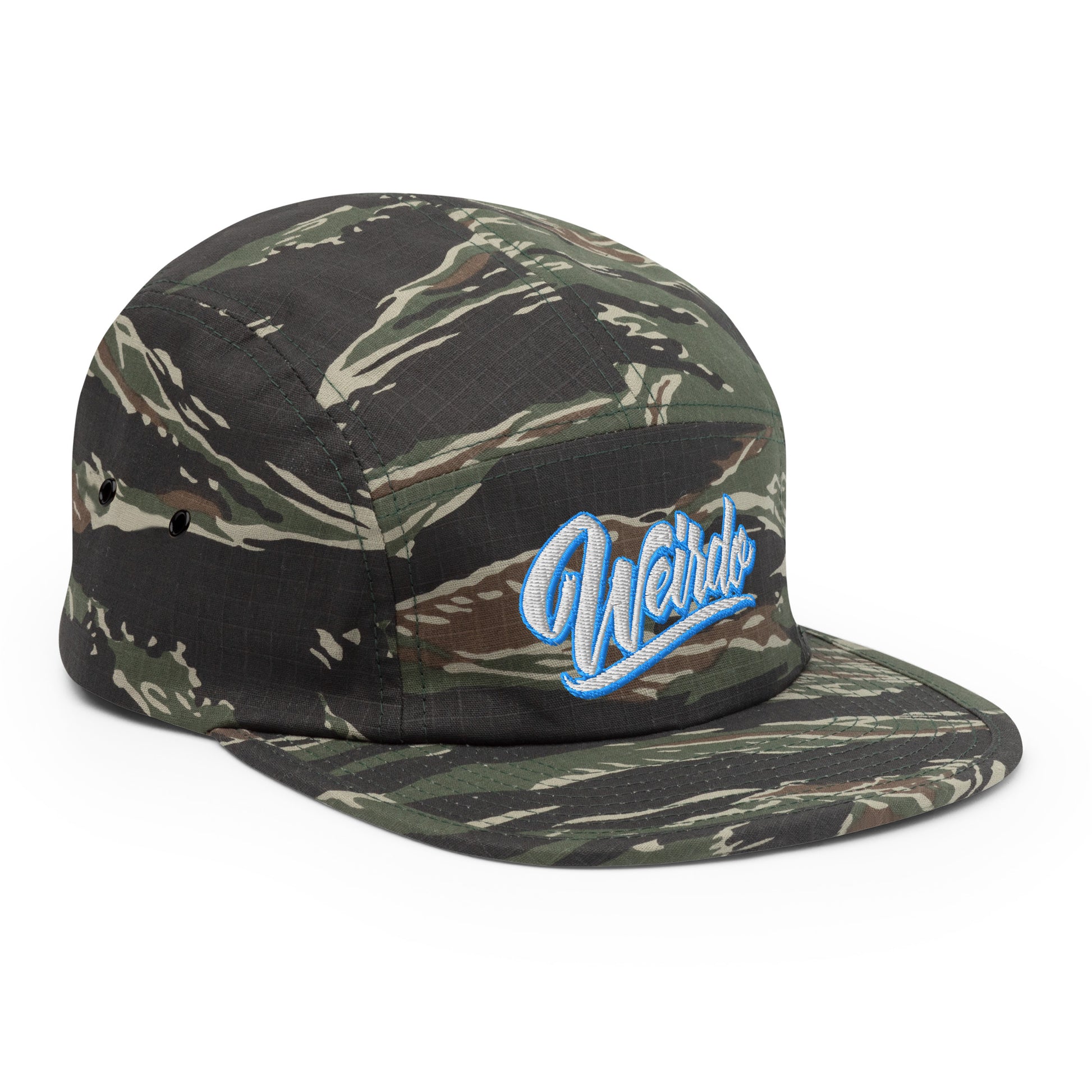 Camo-Weirdo 5-panel Snapback Hat from B.Different Clothing, 3/4 right view, graffiti-inspired streetwear