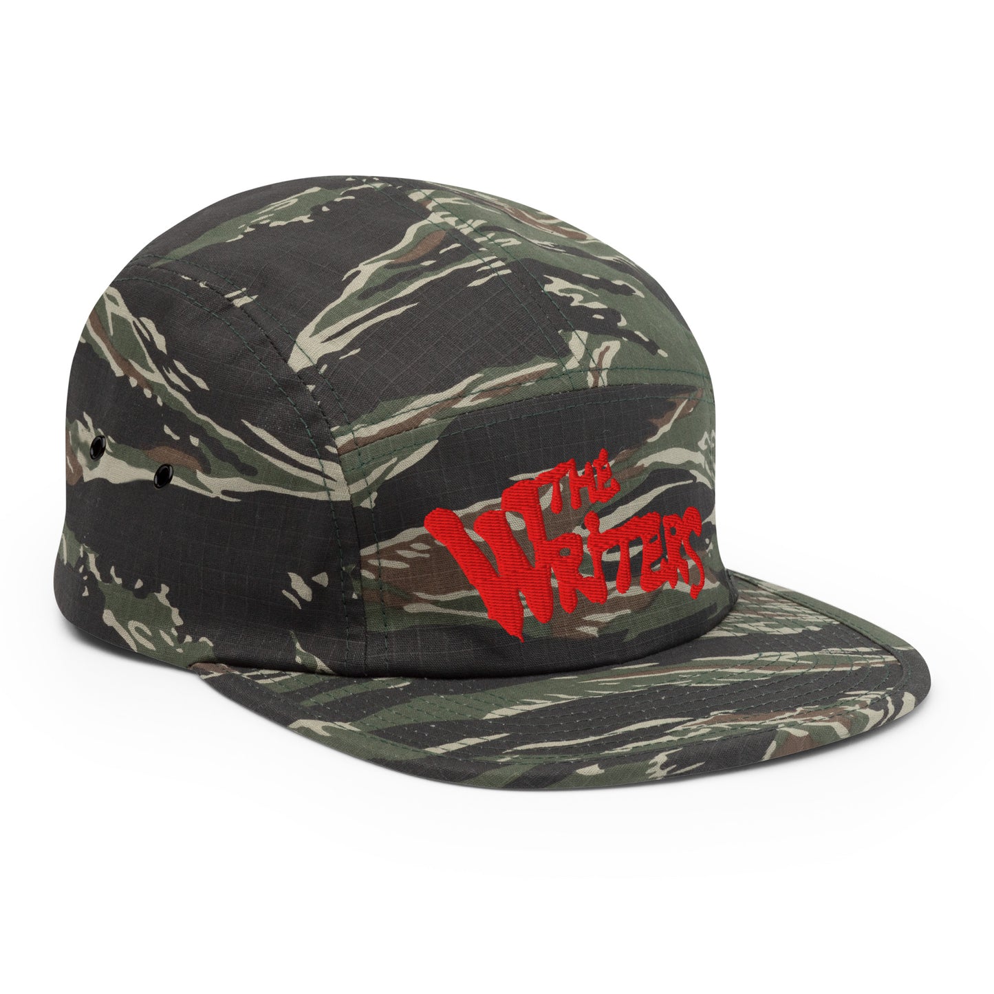 Camo-The Writers Graffiti 5-panel Snapback Hat from B.Different Clothing, 3/4 right view, graffiti-inspired streetwear