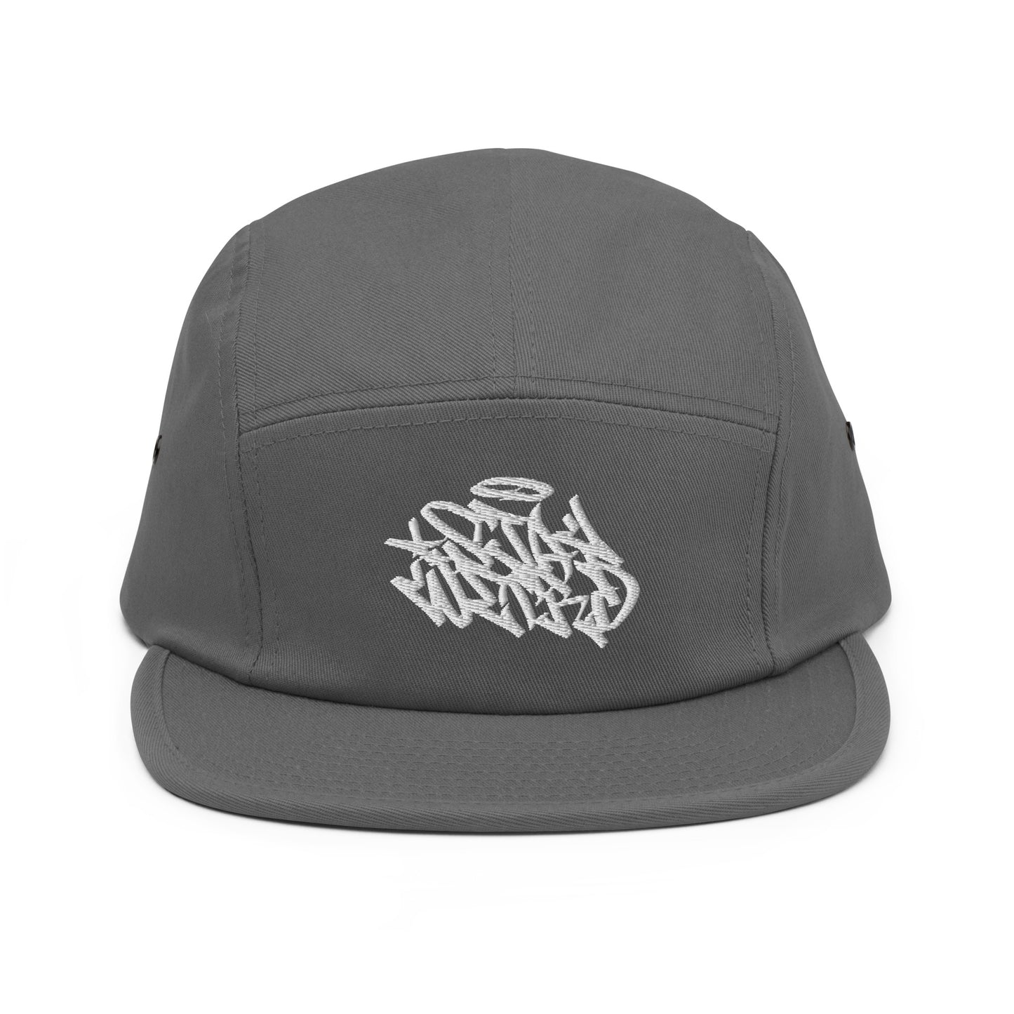 Gray-Stay Weird Graffiti Tag 5-Panel Snapback Hat from B.Different Clothing, front view, graffiti-inspired streetwear