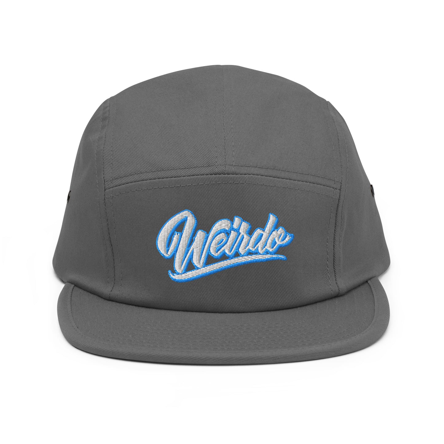 Gray-Weirdo 5-panel Snapback Hat from B.Different Clothing, front view, graffiti-inspired streetwear