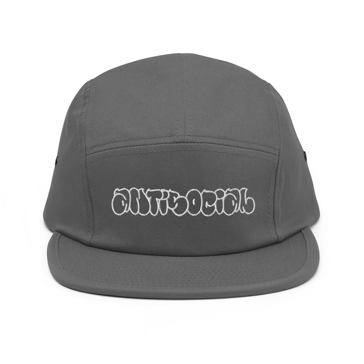 Gray-Antisocial Graffiti Hollow 5-Panel Snapback Hat from B.Different Clothing, front view, graffiti-inspired streetwear