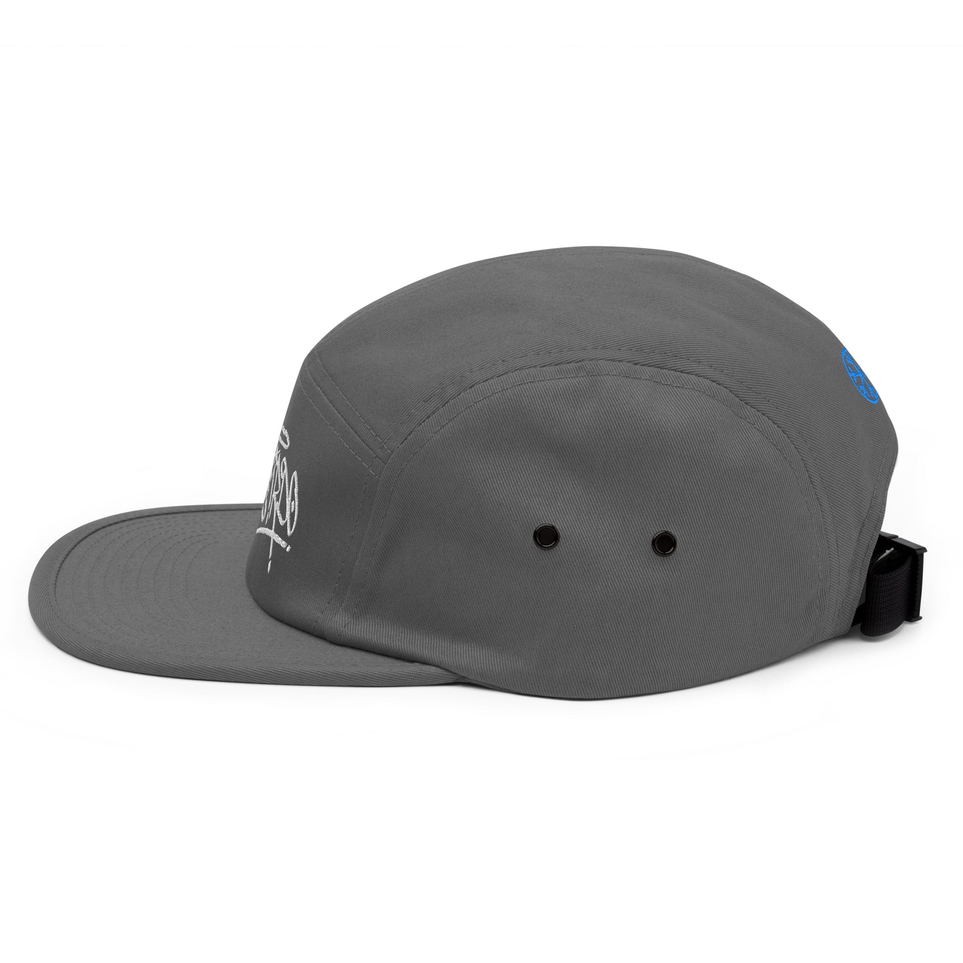 Gray-Weirdo Graffiti Tag 5-panel Snapback Hat from B.Different Clothing, left view, graffiti-inspired streetwear
