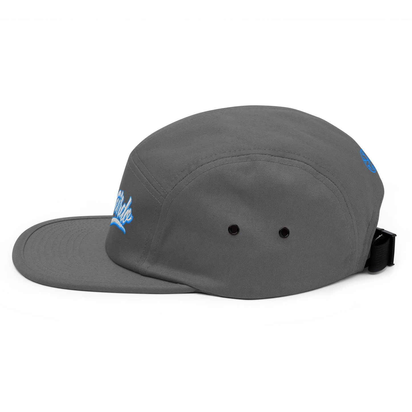 Gray-Weirdo 5-panel Snapback Hat from B.Different Clothing, left view, graffiti-inspired streetwear