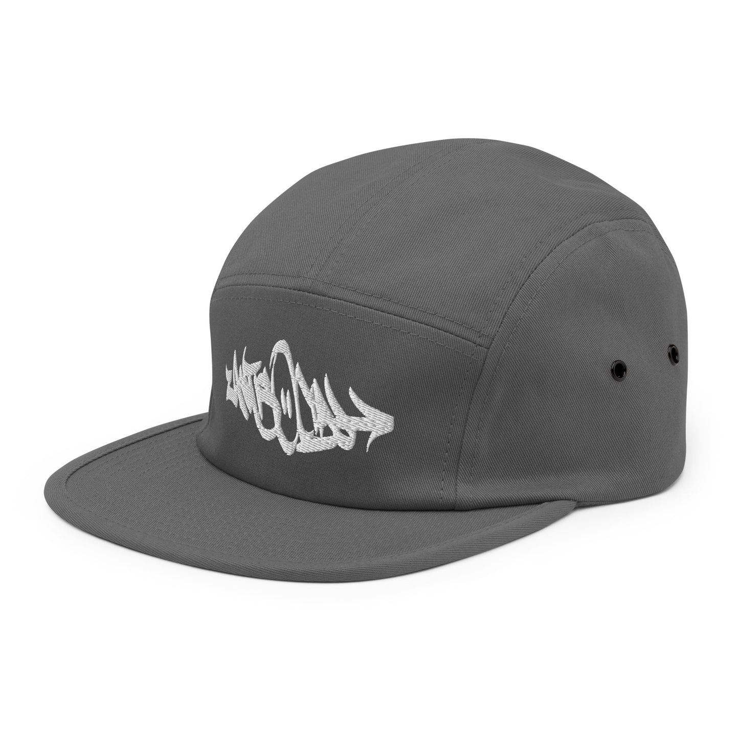 Gray-Antisocial Graffiti Tag 5-Panel Snapback Hat from B.Different Clothing, 3/4 right view, graffiti-inspired streetwear