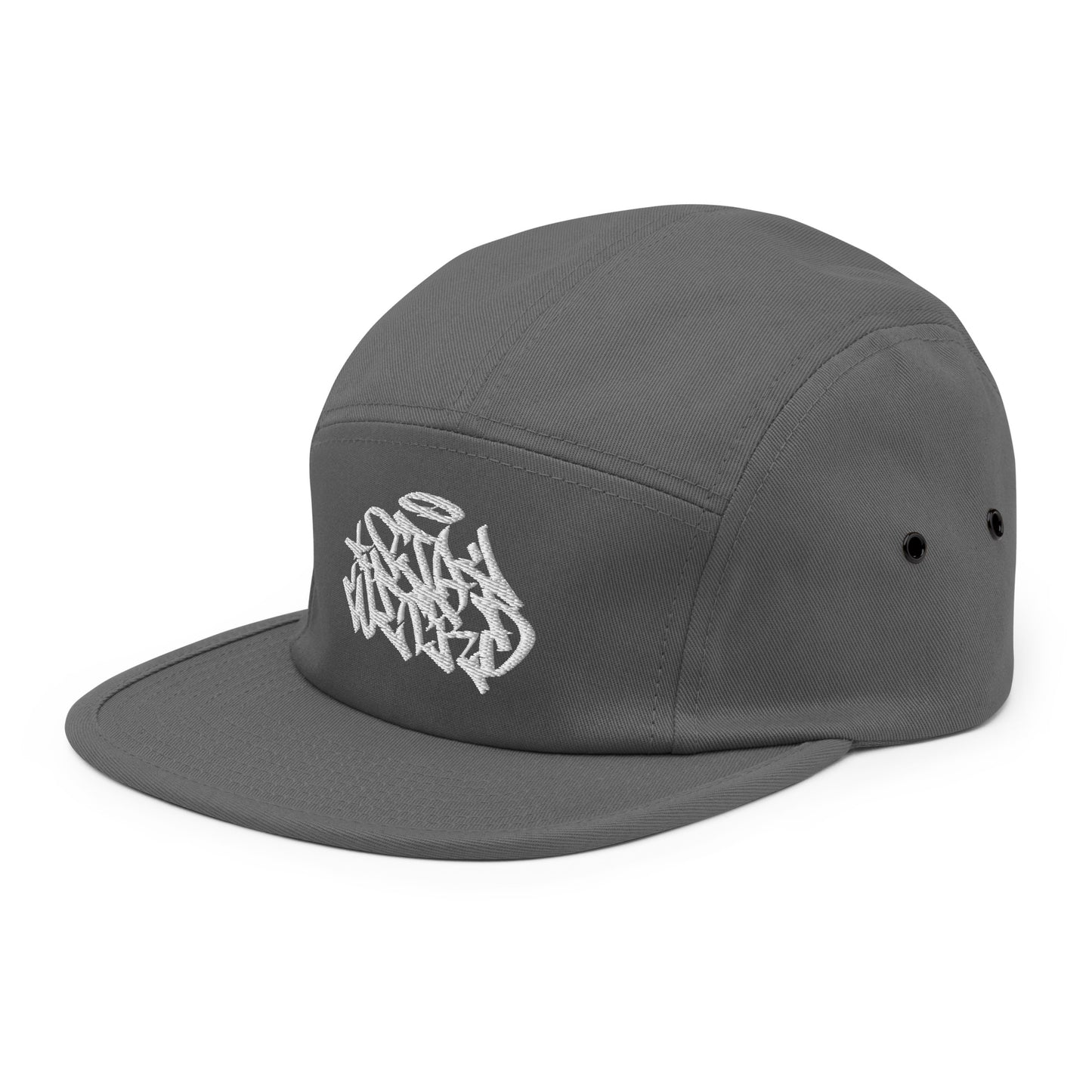 Gray-Stay Weird Graffiti Tag 5-Panel Snapback Hat from B.Different Clothing, 3/4 left view, graffiti-inspired streetwear