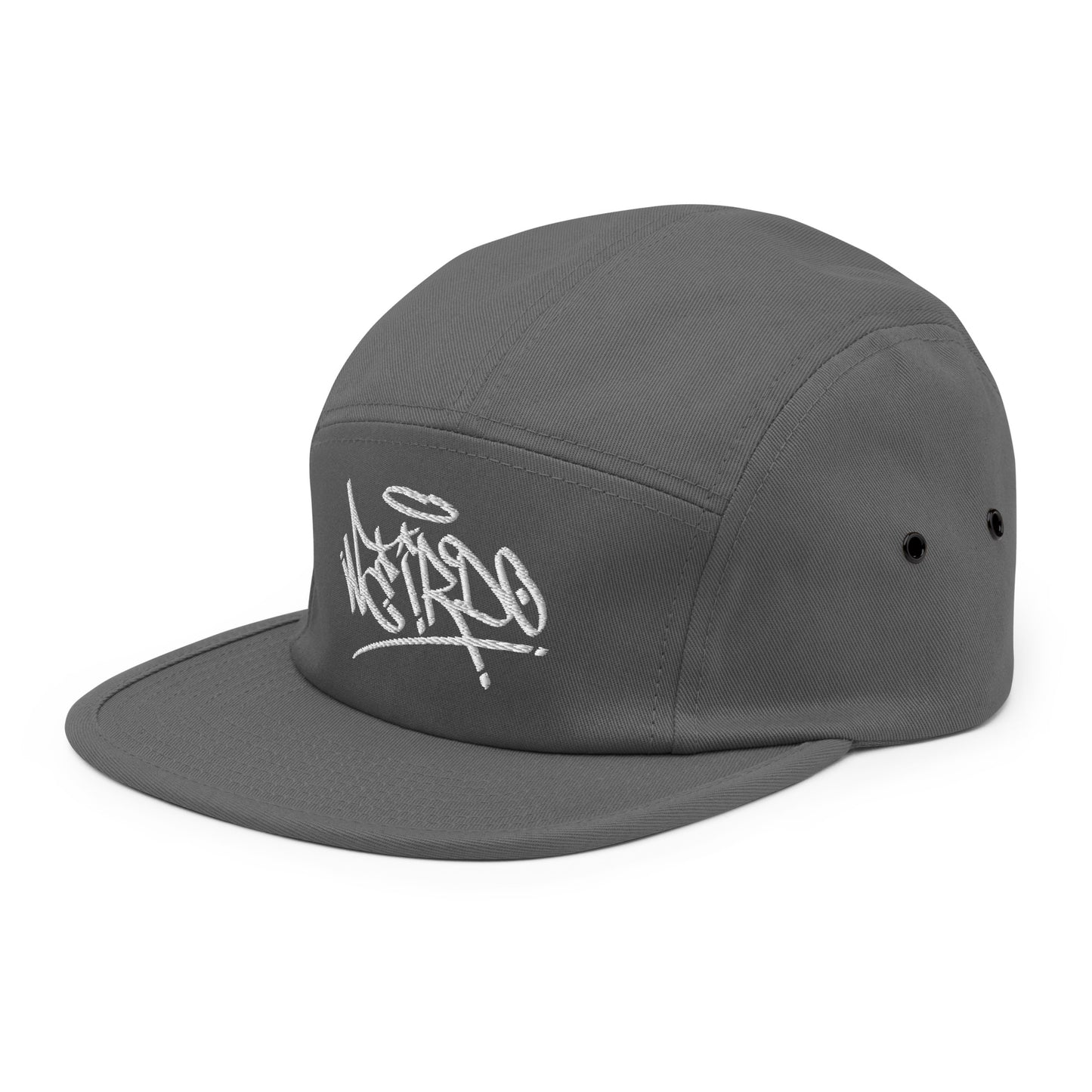 Gray-Weirdo Graffiti Tag 5-panel Snapback Hat from B.Different Clothing, 3/4 left view, graffiti-inspired streetwear