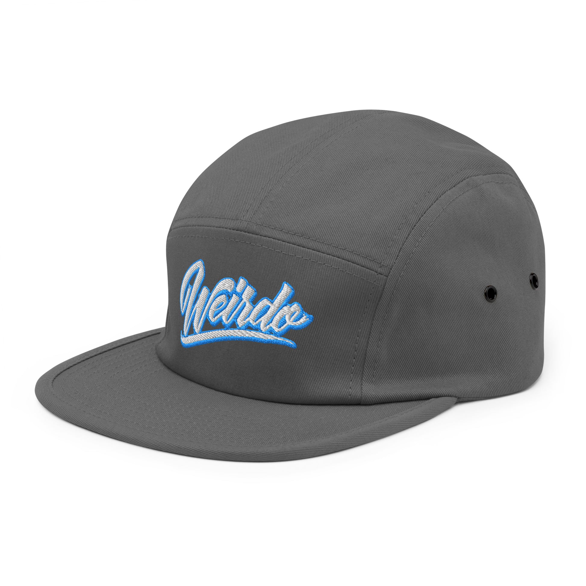 Gray-Weirdo 5-panel Snapback Hat from B.Different Clothing, 3/4 left view, graffiti-inspired streetwear