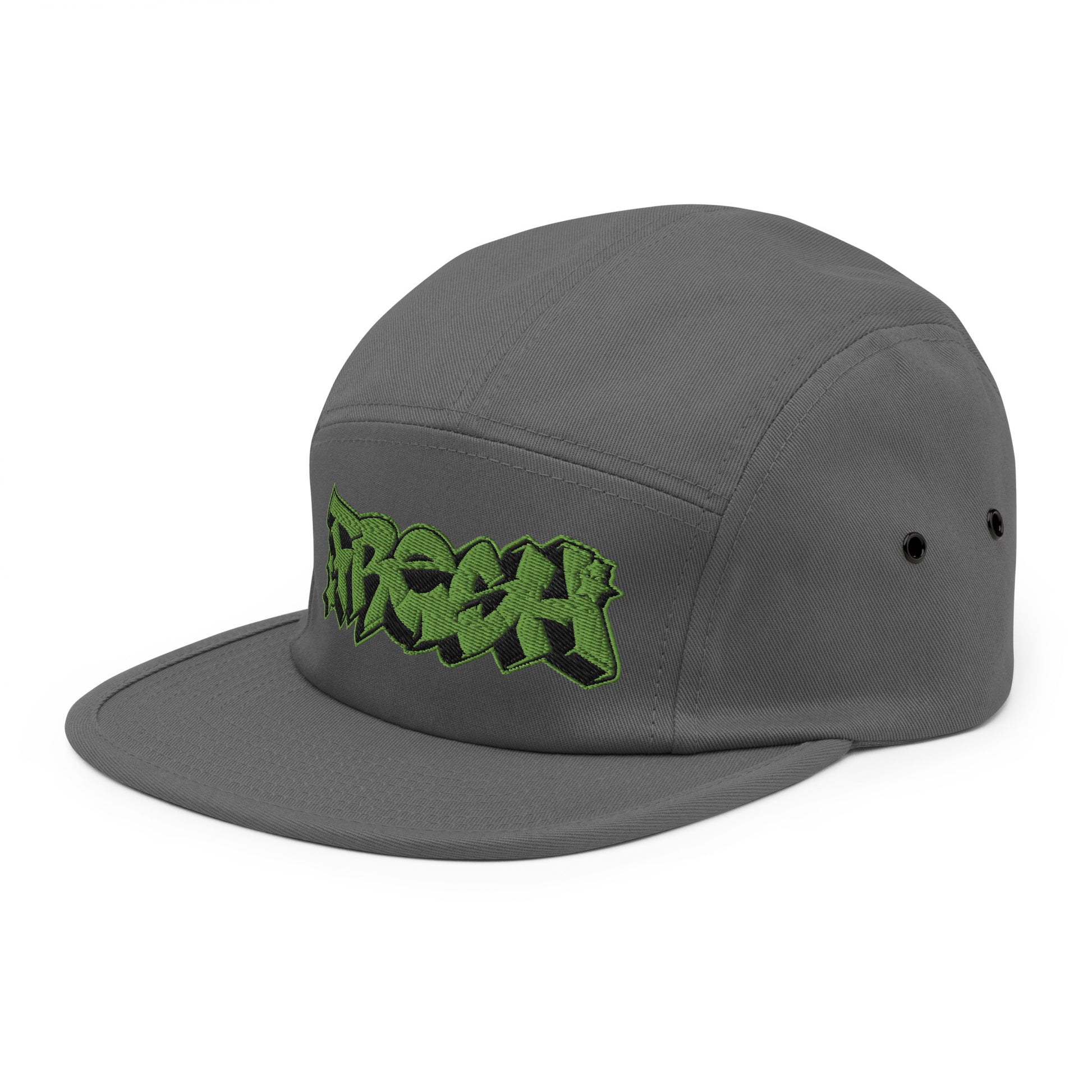 Gray-Fresh Graffiti Piece 5-panel Snapback Hat from B.Different Clothing, 3/4 left view, graffiti-inspired streetwear