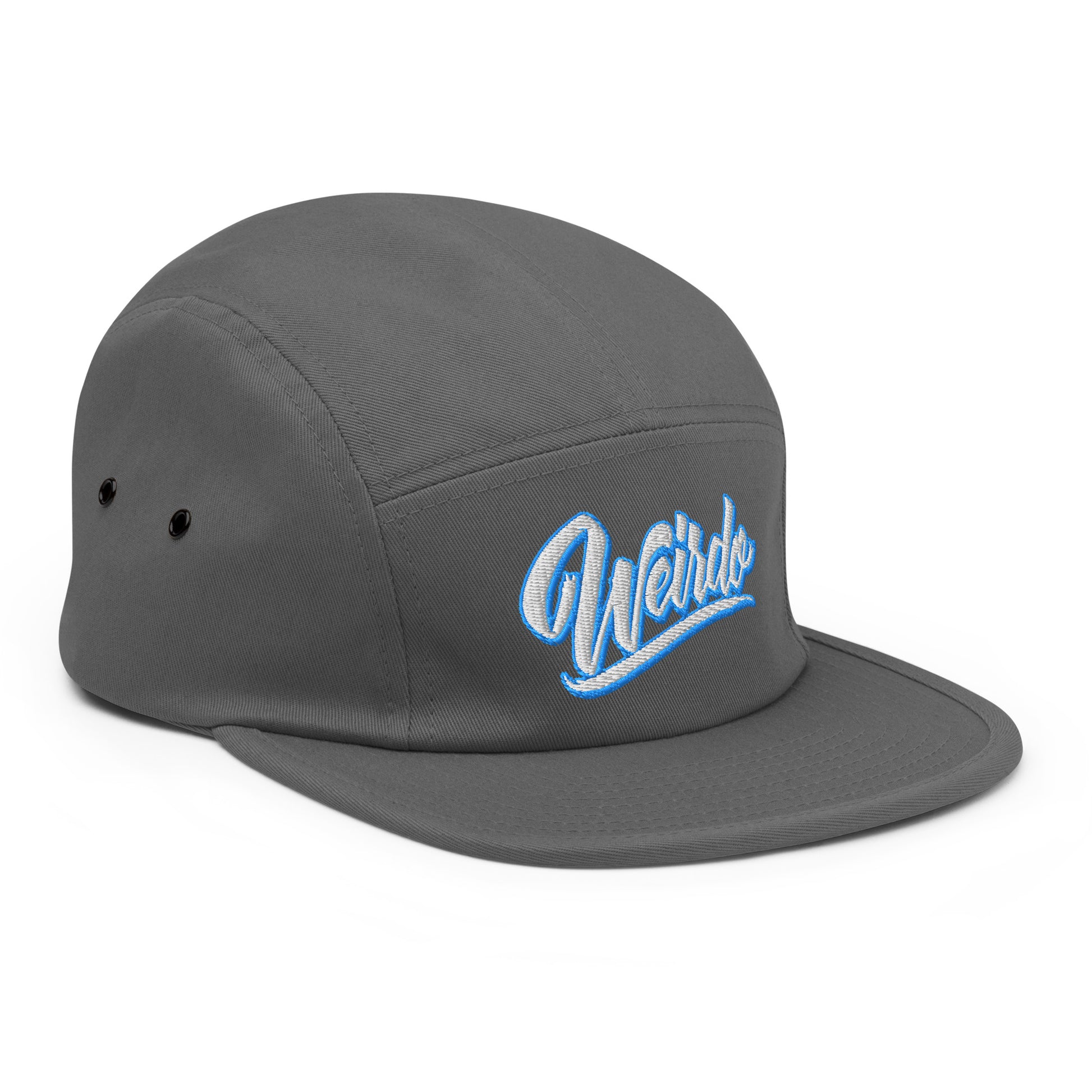 Gray-Weirdo 5-panel Snapback Hat from B.Different Clothing, 3/4 right view, graffiti-inspired streetwear