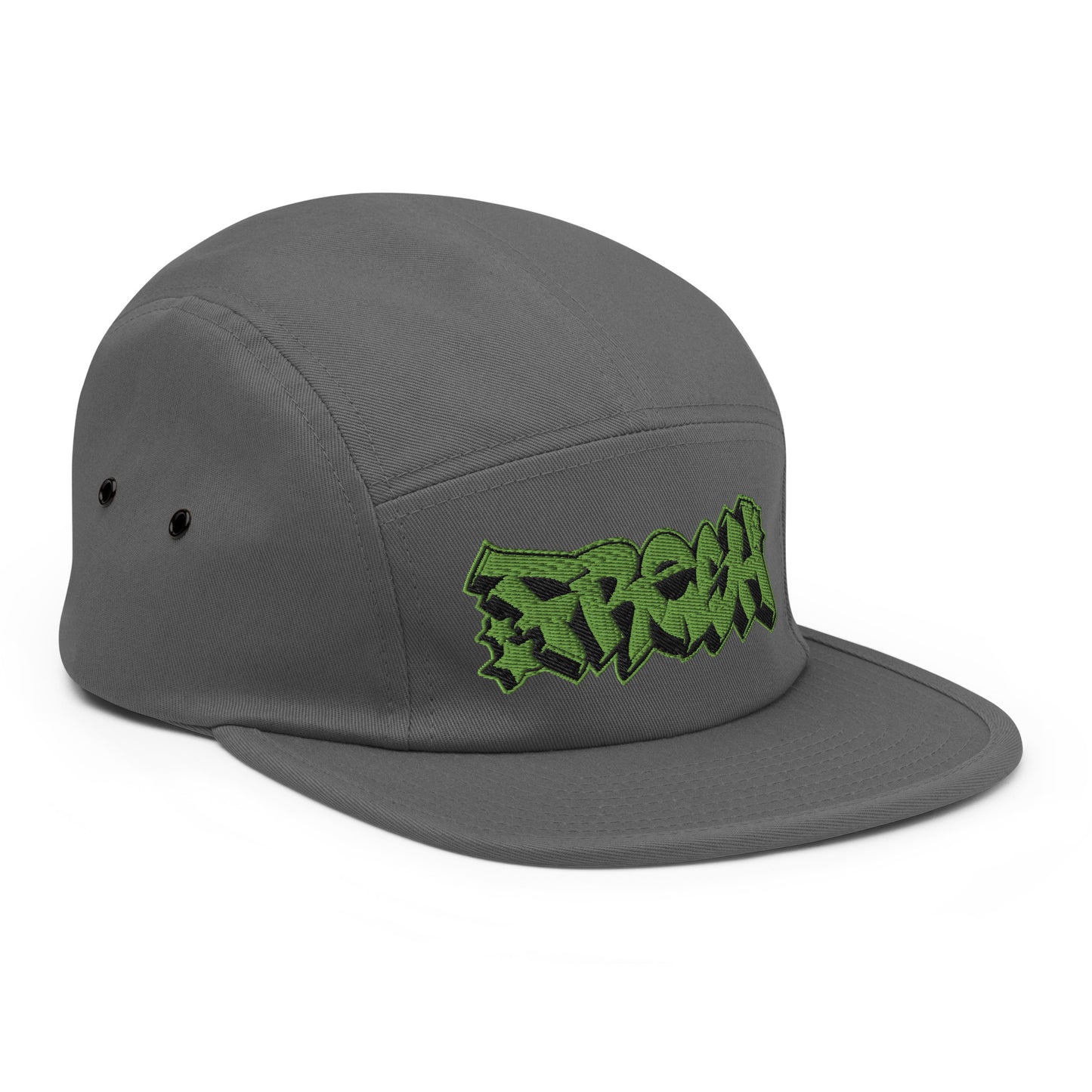 Gray-Fresh Graffiti Piece 5-panel Snapback Hat from B.Different Clothing, 3/4 right view, graffiti-inspired streetwear