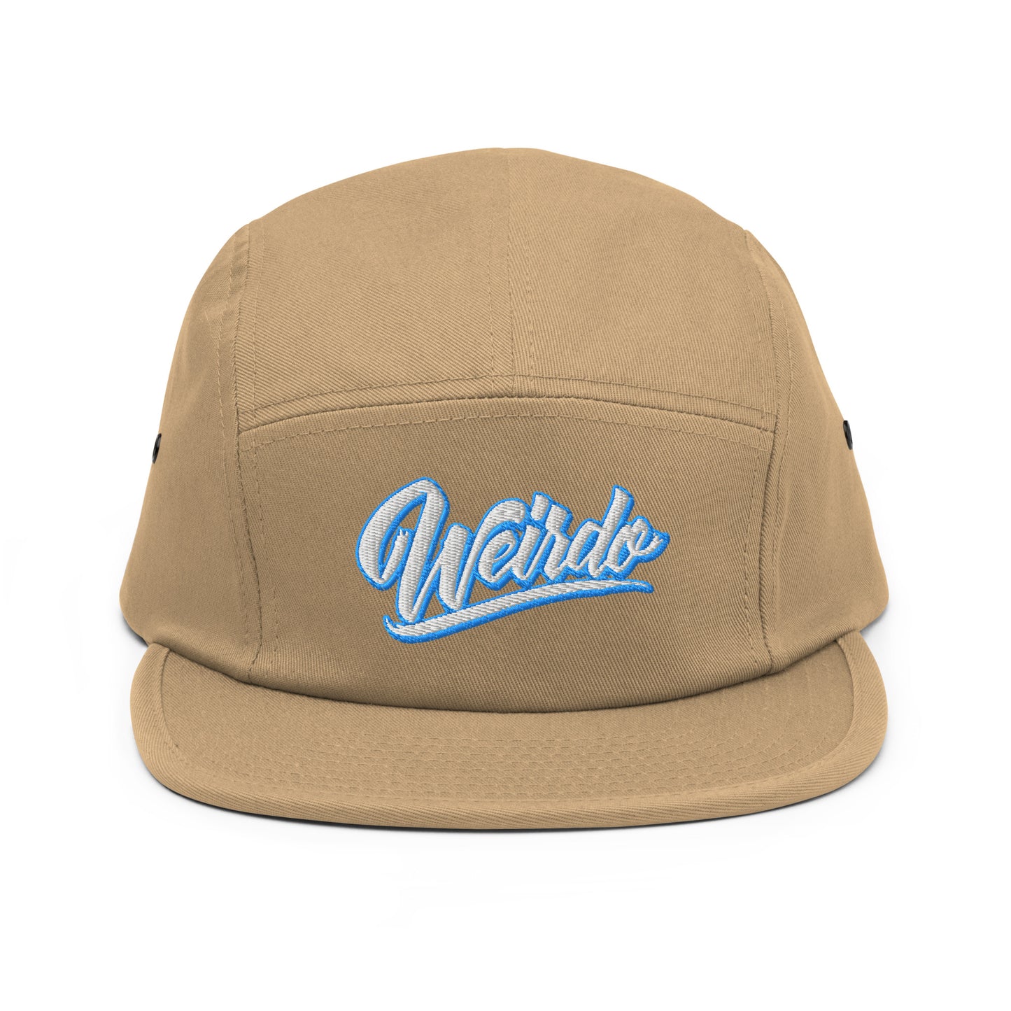 Khaki-Weirdo 5-panel Snapback Hat from B.Different Clothing, front view, graffiti-inspired streetwear