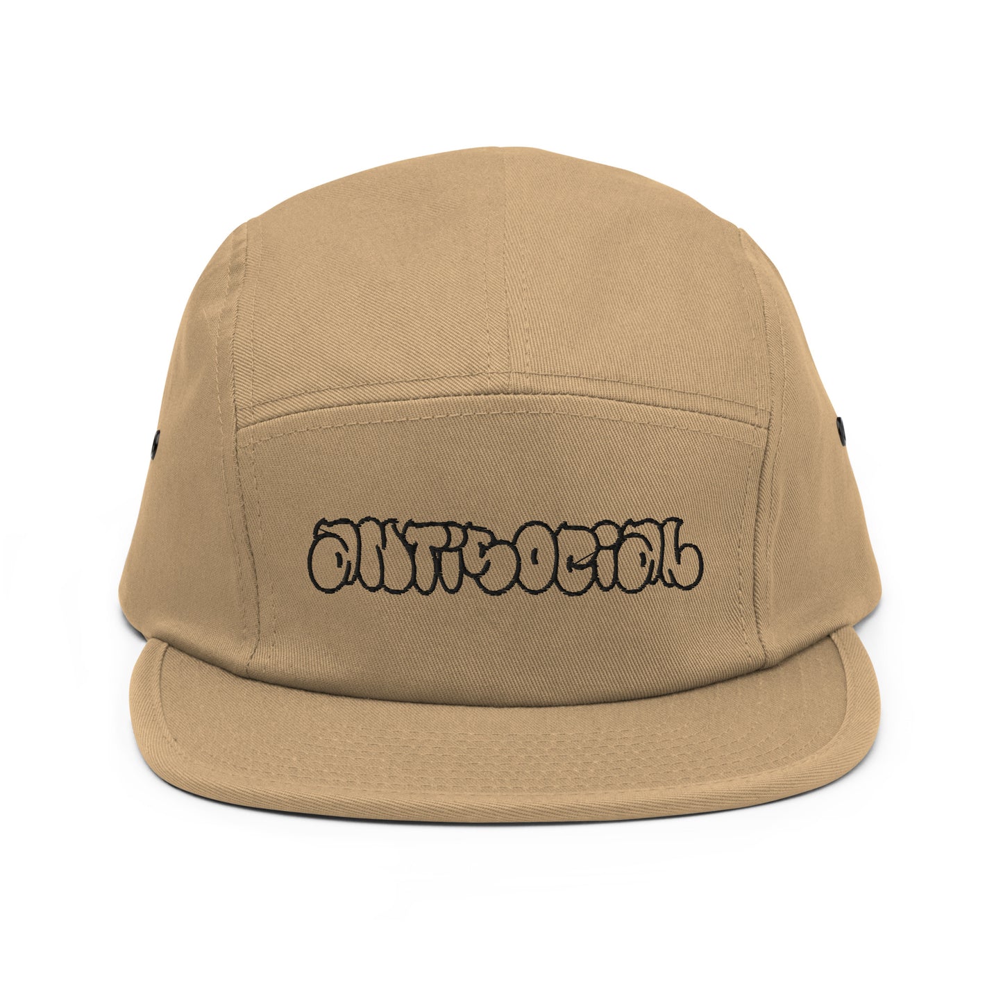 Beige-Antisocial Graffiti Hollow 5-Panel Snapback Hat from B.Different Clothing, front view, graffiti-inspired streetwear