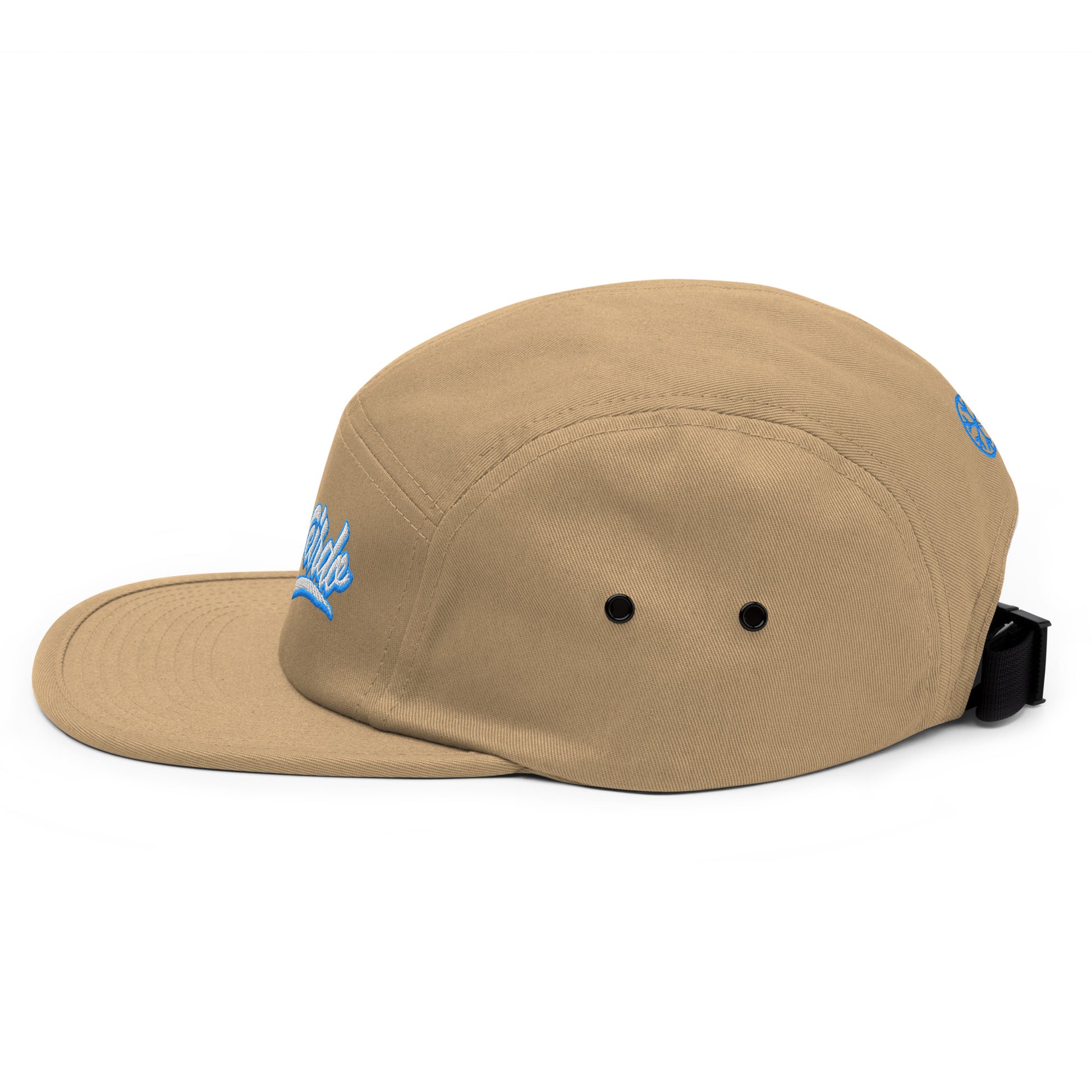 Khaki-Weirdo 5-panel Snapback Hat from B.Different Clothing, left view, graffiti-inspired streetwear