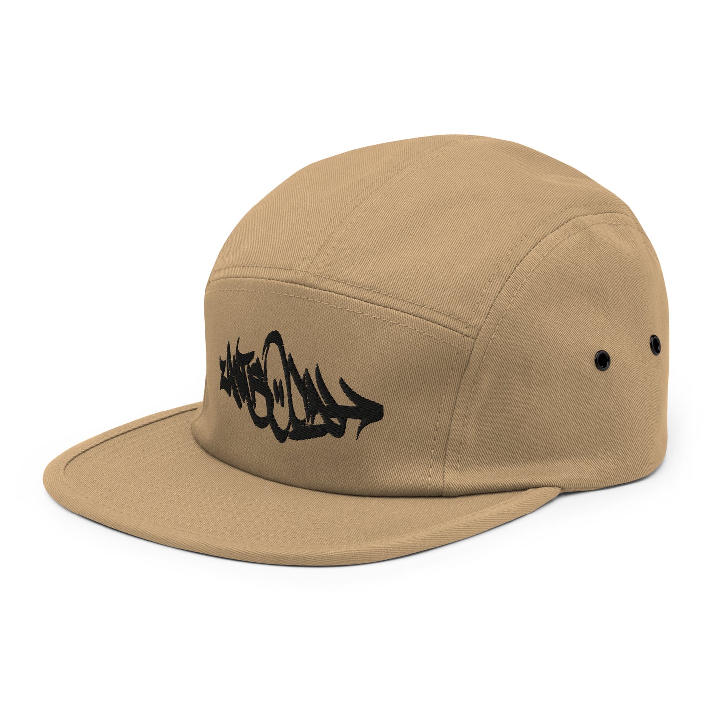 Beige-Antisocial Graffiti Tag 5-Panel Snapback Hat from B.Different Clothing, 3/4 left view, graffiti-inspired streetwear