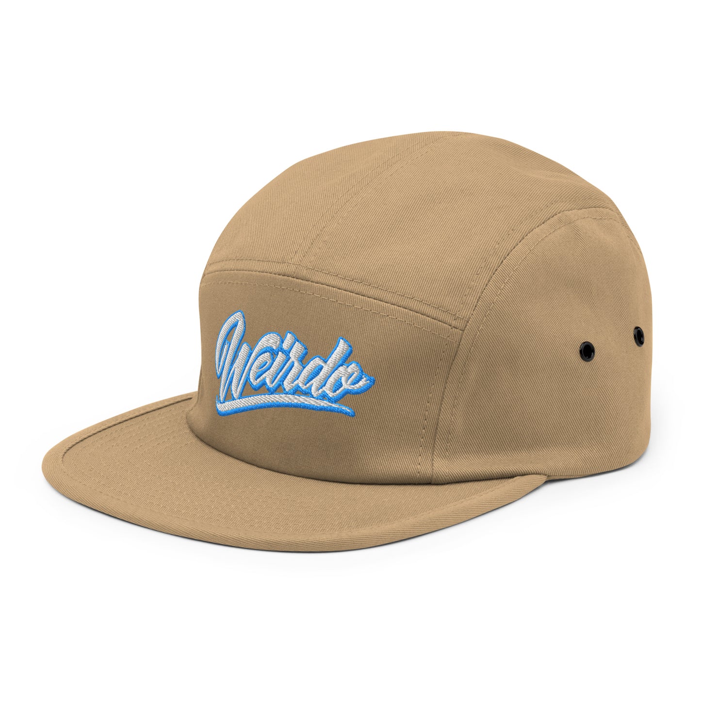 Khaki-Weirdo 5-panel Snapback Hat from B.Different Clothing, 3/4 left view, graffiti-inspired streetwear