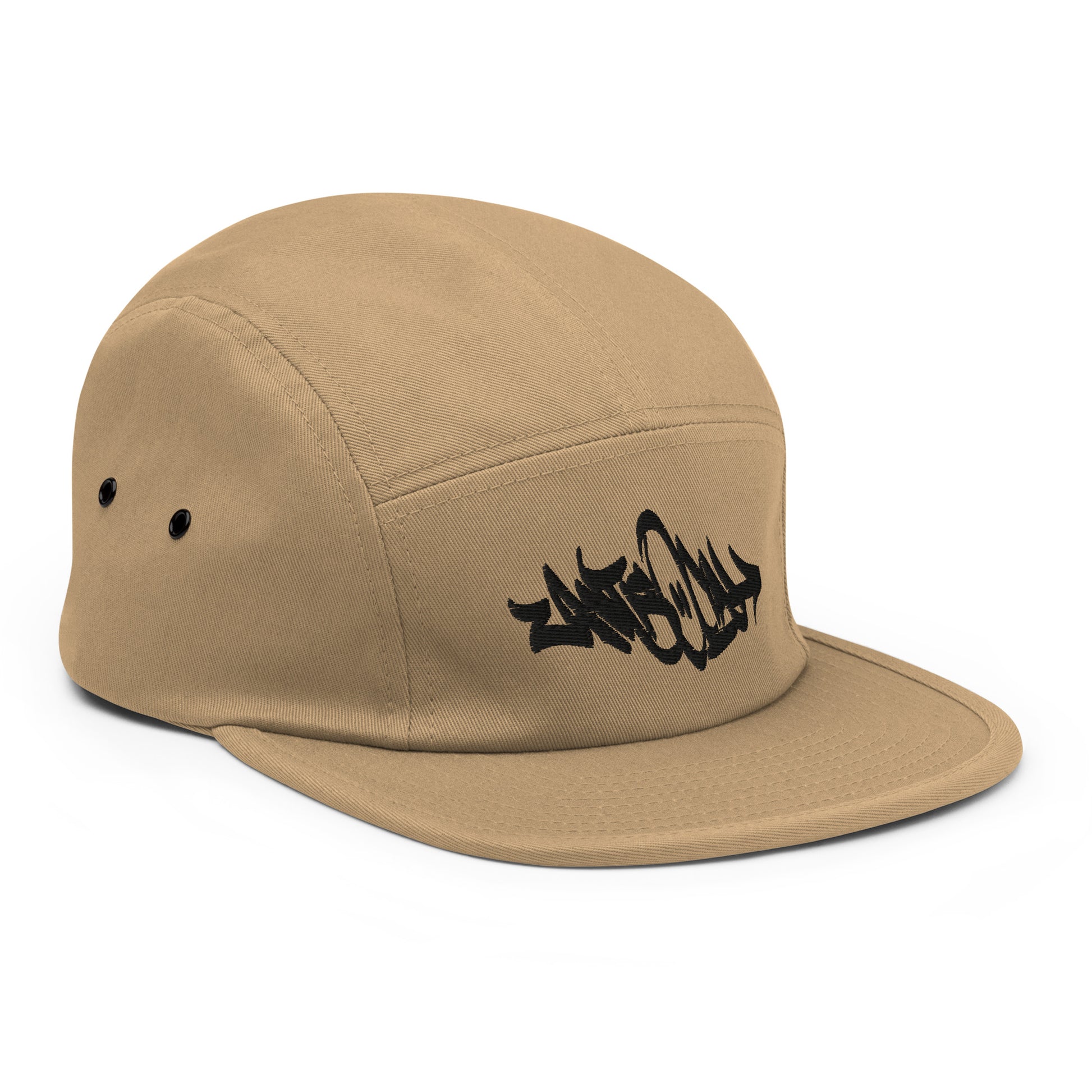 Beige-Antisocial Graffiti Tag 5-Panel Snapback Hat from B.Different Clothing, 3/4 right view, graffiti-inspired streetwear
