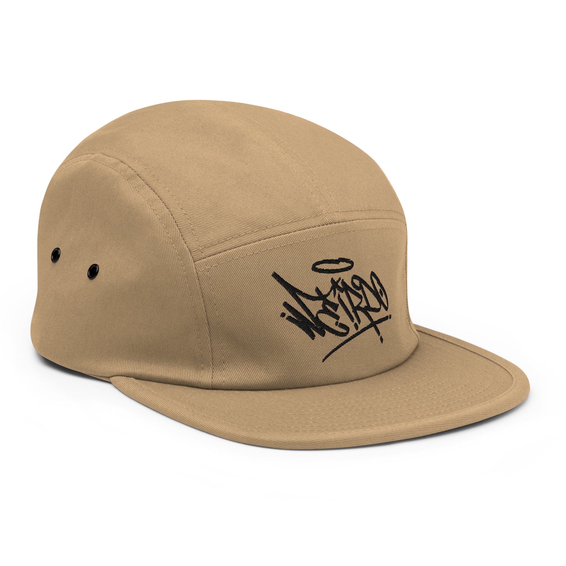 Khaki-Weirdo Graffiti Tag 5-panel Snapback Hat from B.Different Clothing, 3/4 right view, graffiti-inspired streetwear