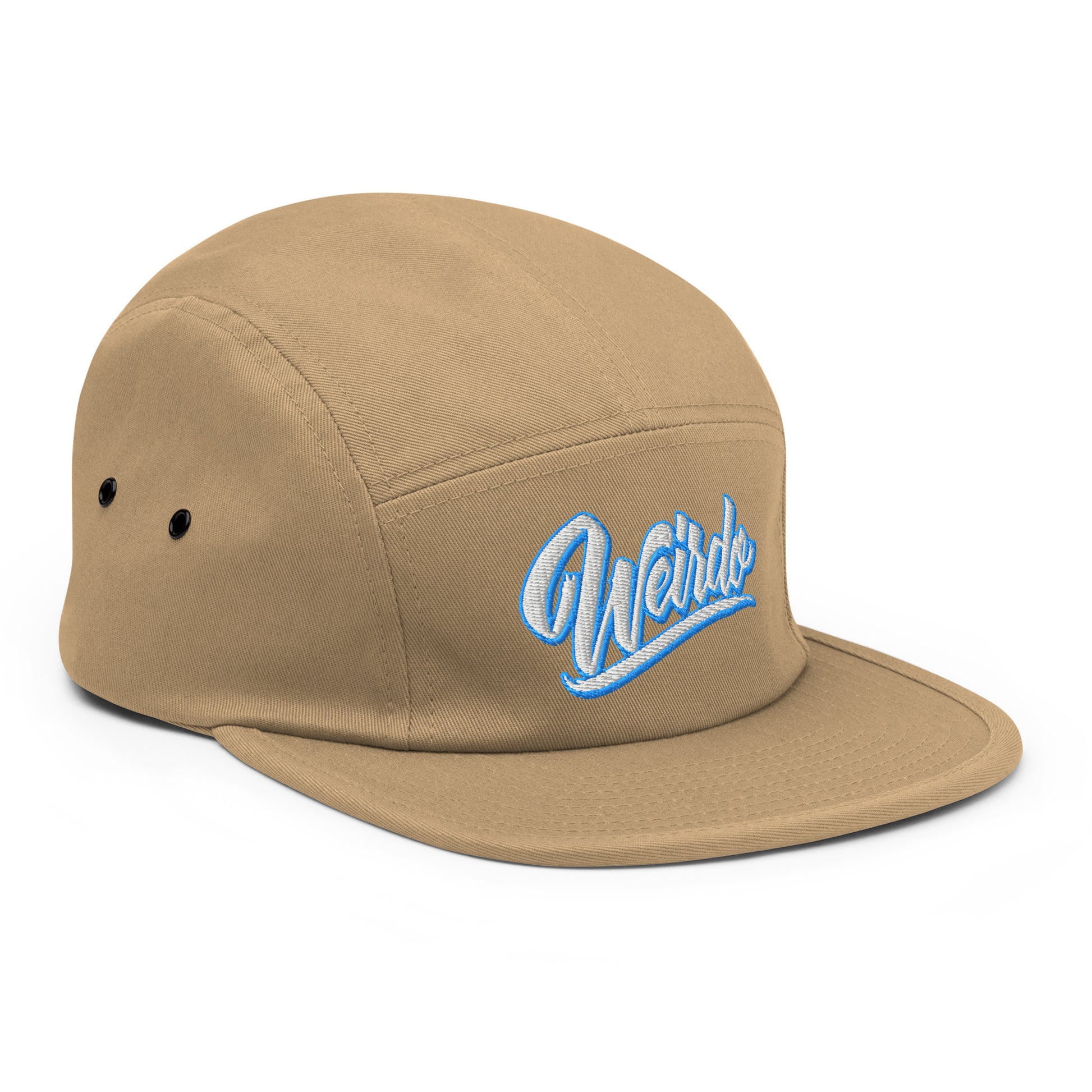 Khaki-Weirdo 5-panel Snapback Hat from B.Different Clothing, 3/4 right view, graffiti-inspired streetwear