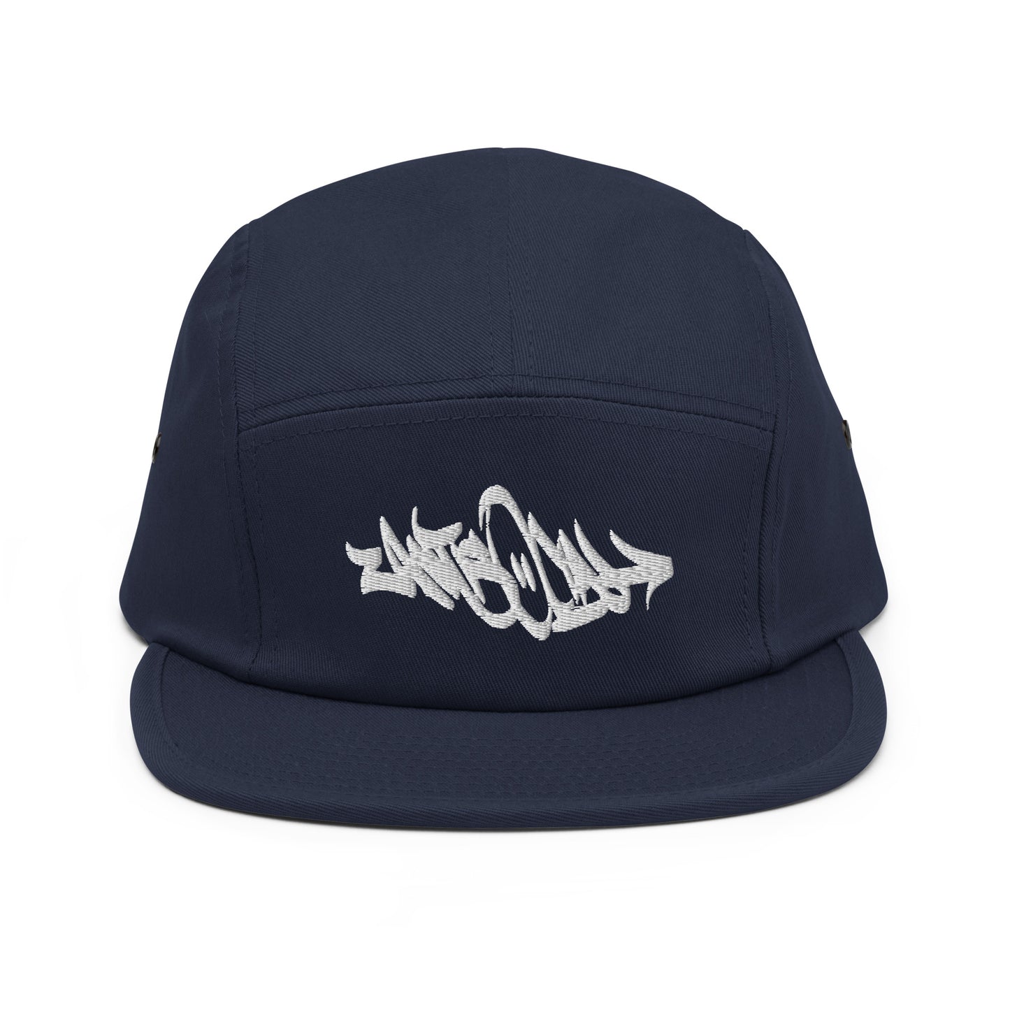 Navy-Antisocial Graffiti Tag 5-Panel Snapback Hat from B.Different Clothing, front view, graffiti-inspired streetwear