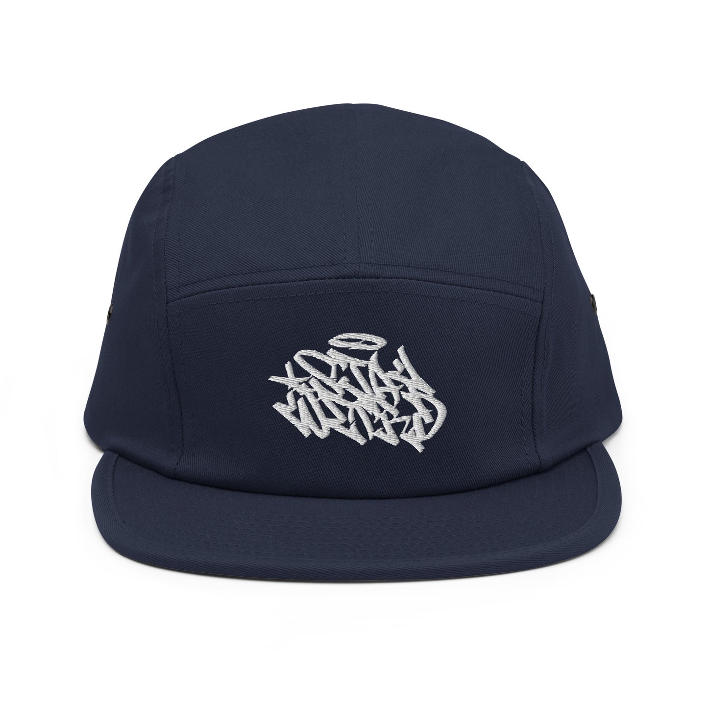 Navy-Stay Weird Graffiti Tag 5-Panel Snapback Hat from B.Different Clothing, front view, graffiti-inspired streetwear