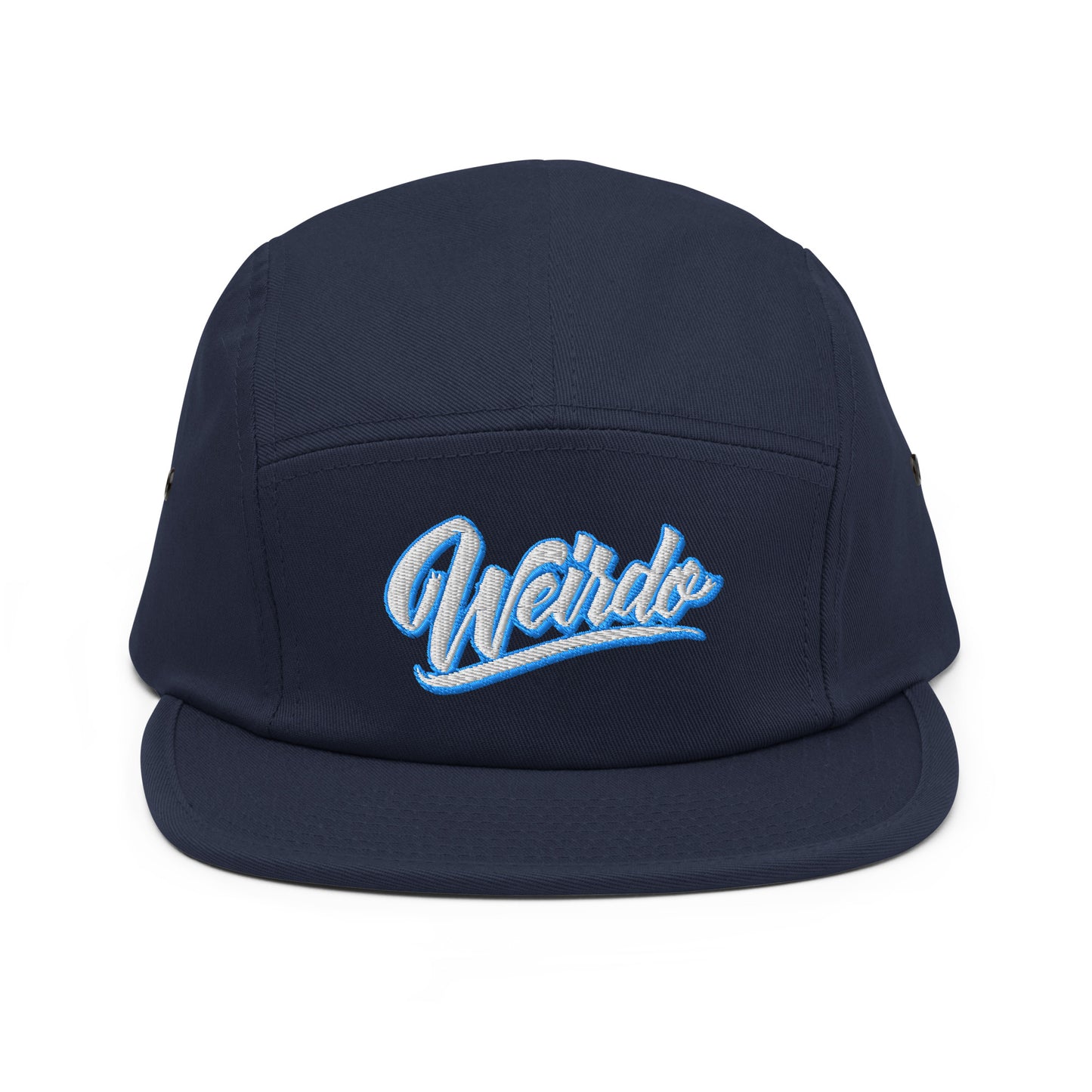 Navy-Weirdo 5-panel Snapback Hat from B.Different Clothing, front view, graffiti-inspired streetwear