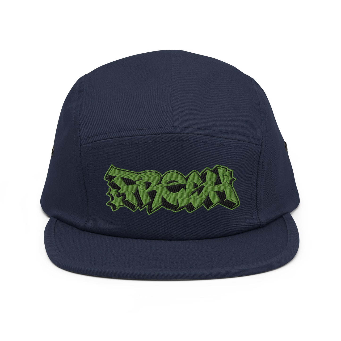Navy-Fresh Graffiti Piece 5-panel Snapback Hat from B.Different Clothing, front view, graffiti-inspired streetwear