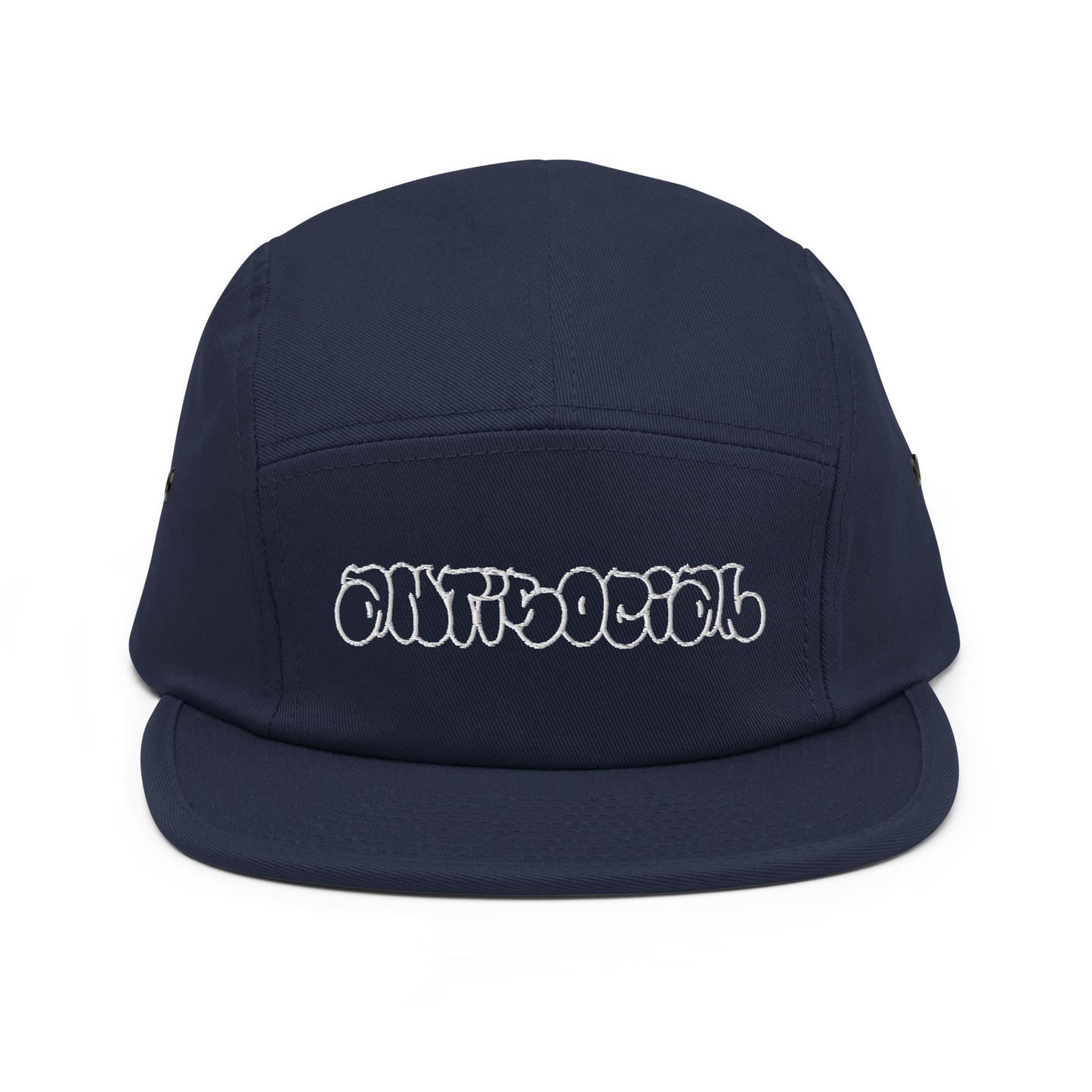 Navy-Antisocial Graffiti Hollow 5-Panel Snapback Hat from B.Different Clothing, front view, graffiti-inspired streetwear