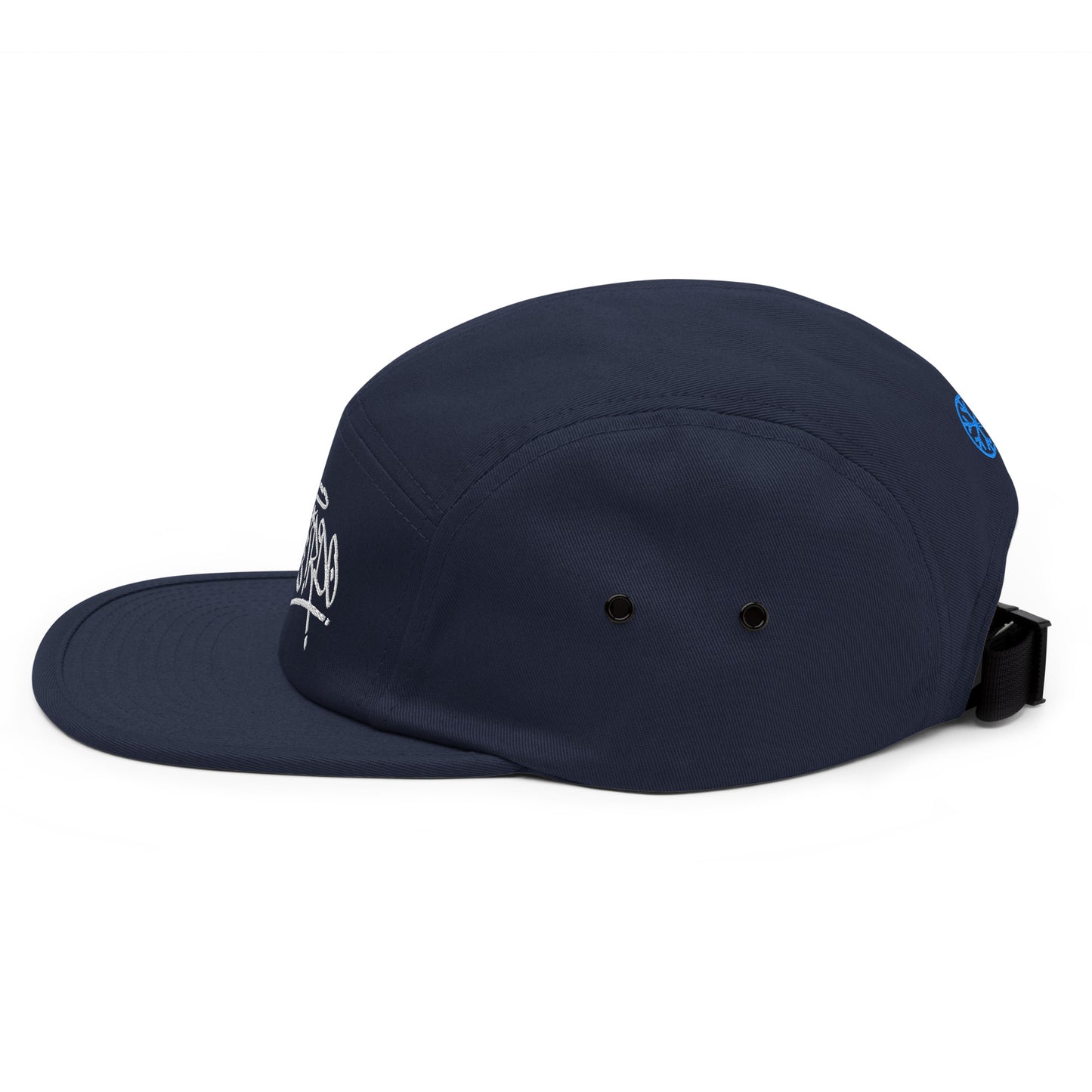 Navy-Weirdo Graffiti Tag 5-panel Snapback Hat from B.Different Clothing, left view, graffiti-inspired streetwear