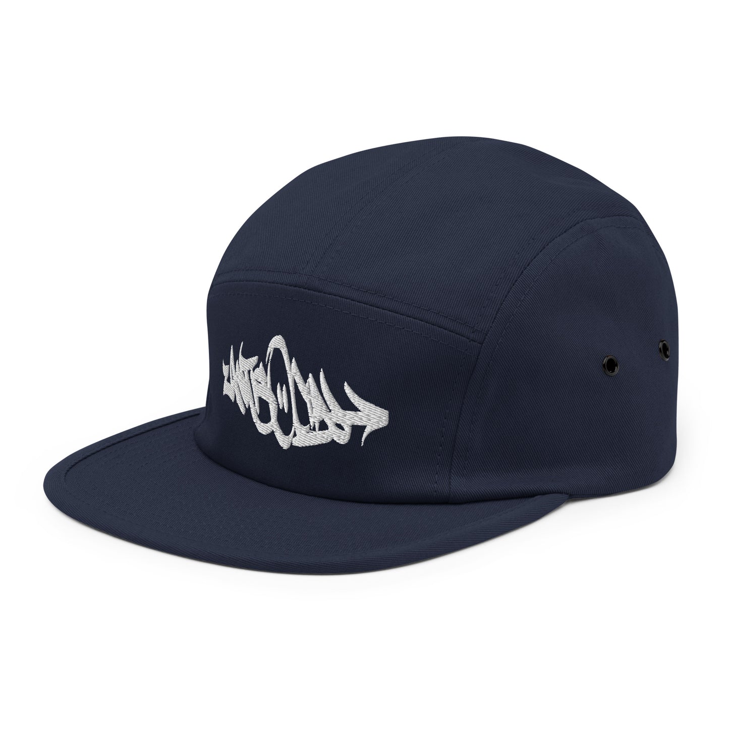 Navy-Antisocial Graffiti Tag 5-Panel Snapback Hat from B.Different Clothing, 3/4 right view, graffiti-inspired streetwear