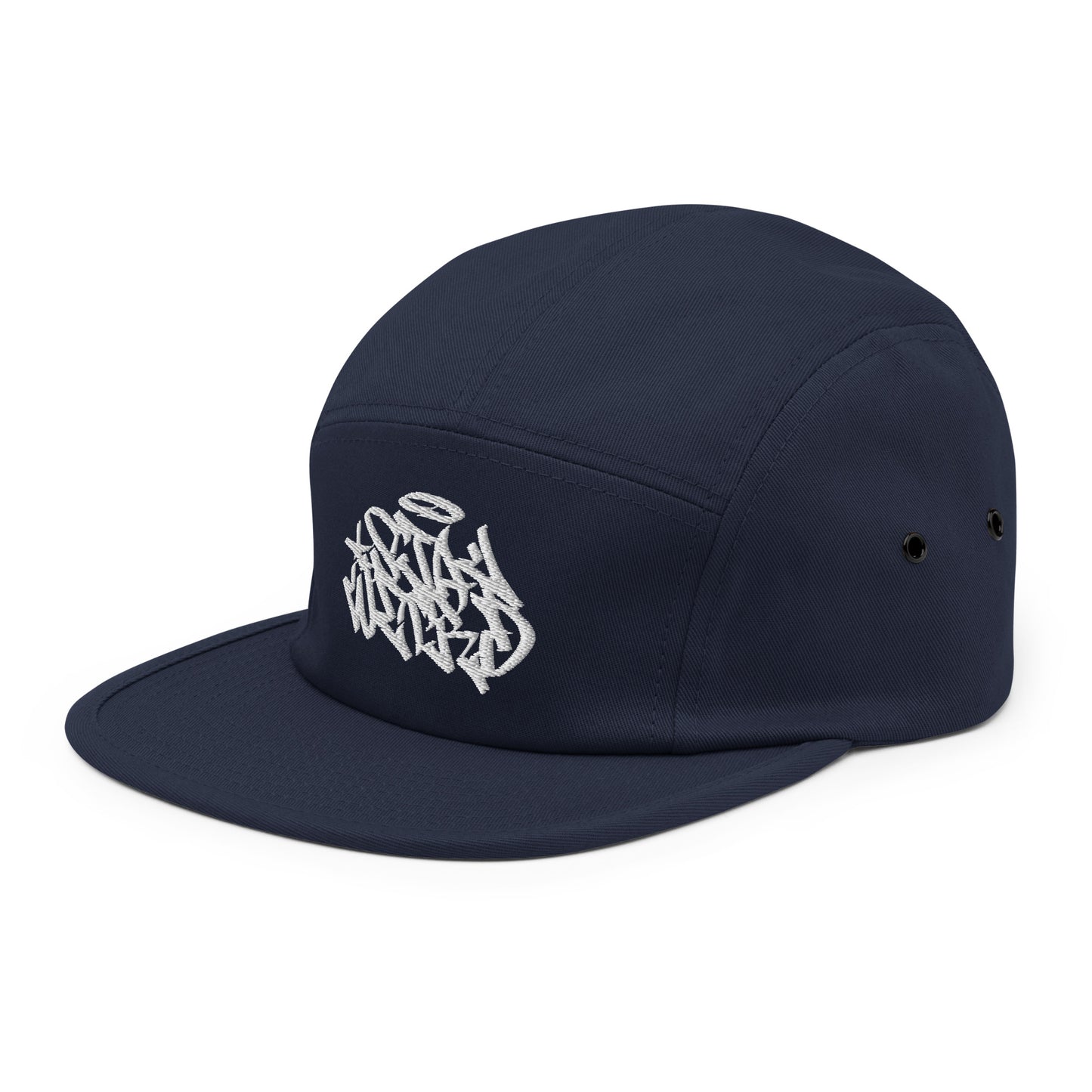 Navy-Stay Weird Graffiti Tag 5-Panel Snapback Hat from B.Different Clothing, 3/4 left view, graffiti-inspired streetwear