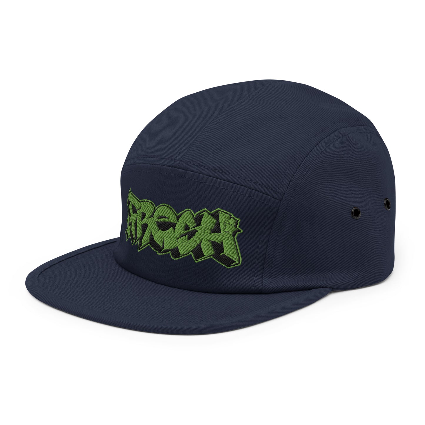 Navy-Fresh Graffiti Piece 5-panel Snapback Hat from B.Different Clothing, 3/4 left view, graffiti-inspired streetwear