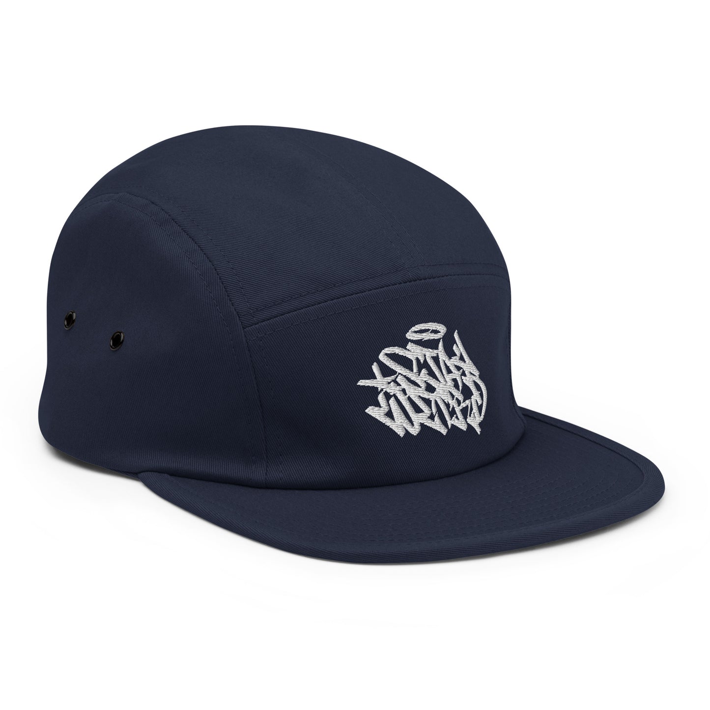 Navy-Stay Weird Graffiti Tag 5-Panel Snapback Hat from B.Different Clothing, 3/4 right view, graffiti-inspired streetwear