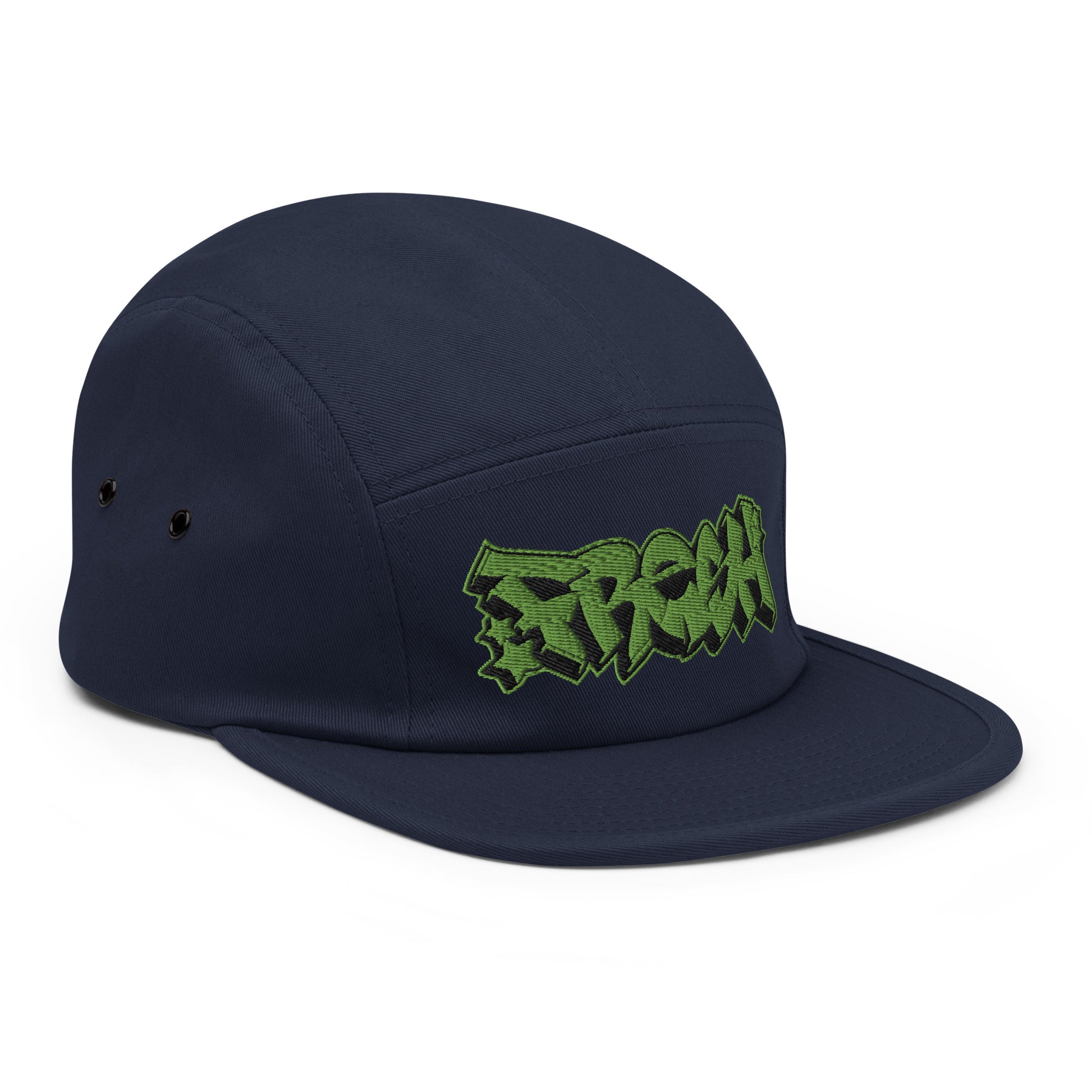 Navy-Fresh Graffiti Piece 5-panel Snapback Hat from B.Different Clothing, 3/4 right view, graffiti-inspired streetwear