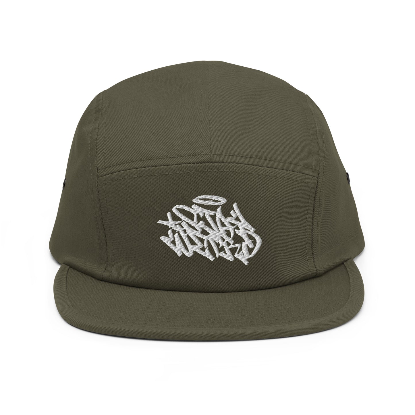 Green-Stay Weird Graffiti Tag 5-Panel Snapback Hat from B.Different Clothing, front view, graffiti-inspired streetwear