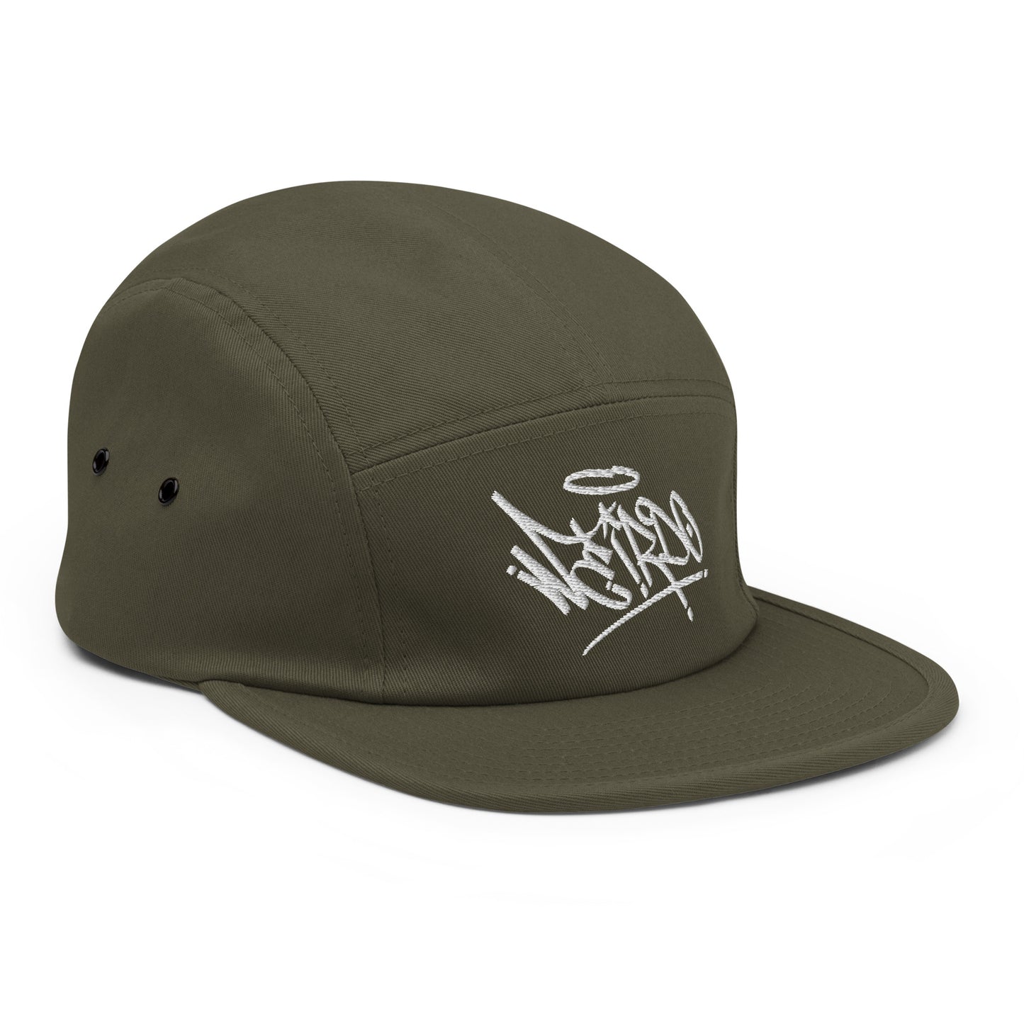 Green-Weirdo Graffiti Tag 5-panel Snapback Hat from B.Different Clothing, 3/4 right view, graffiti-inspired streetwear