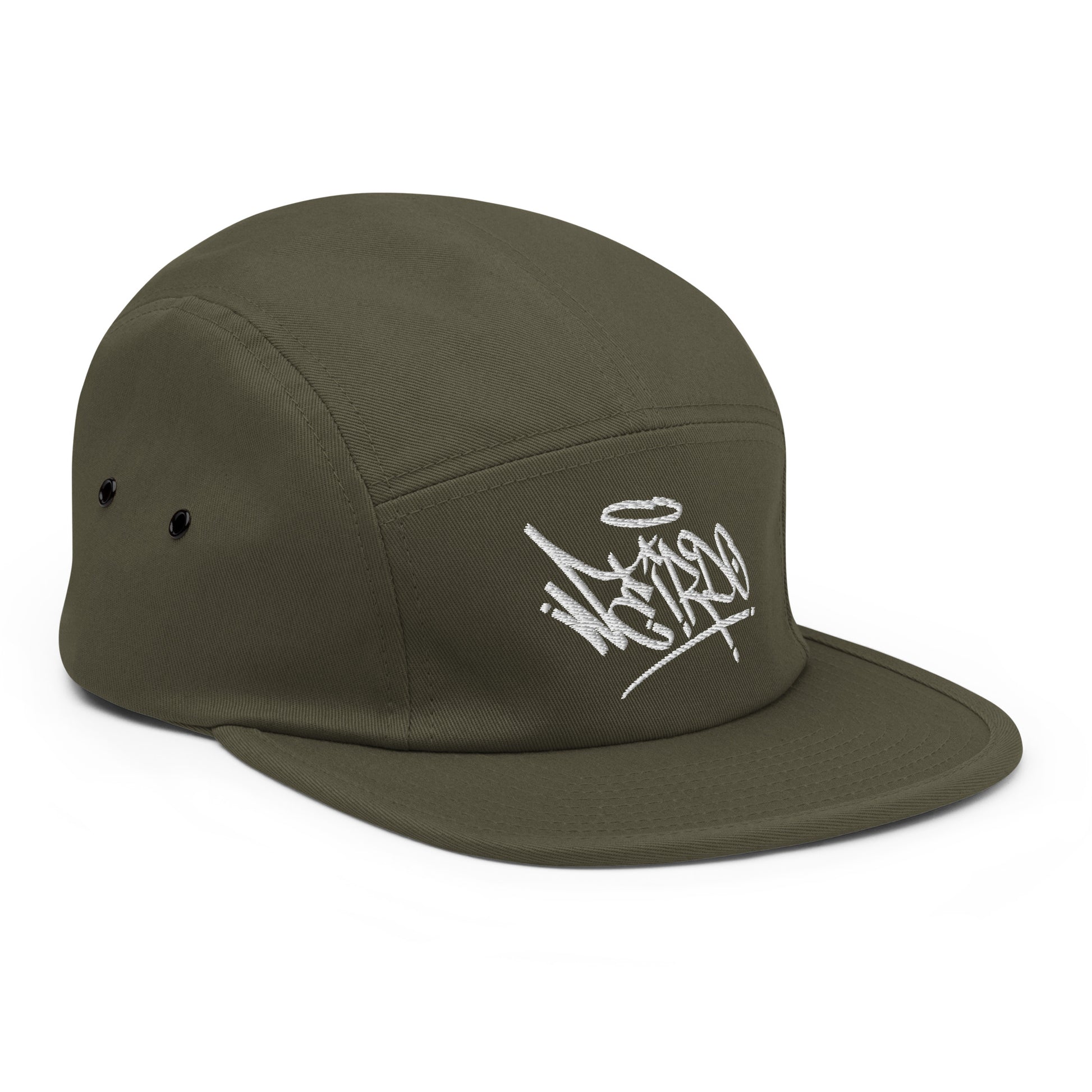 Green-Weirdo Graffiti Tag 5-panel Snapback Hat from B.Different Clothing, 3/4 right view, graffiti-inspired streetwear