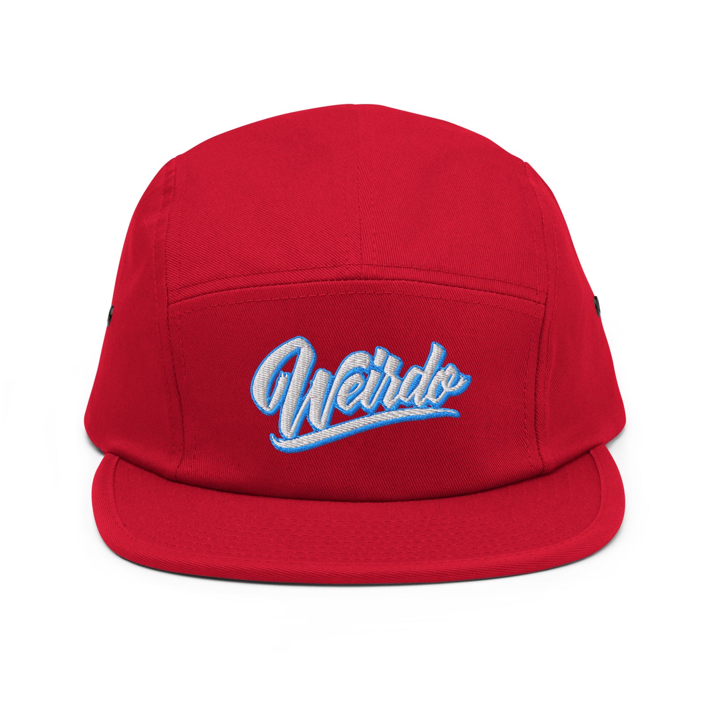 Red-Weirdo 5-panel Snapback Hat from B.Different Clothing, front view, graffiti-inspired streetwear
