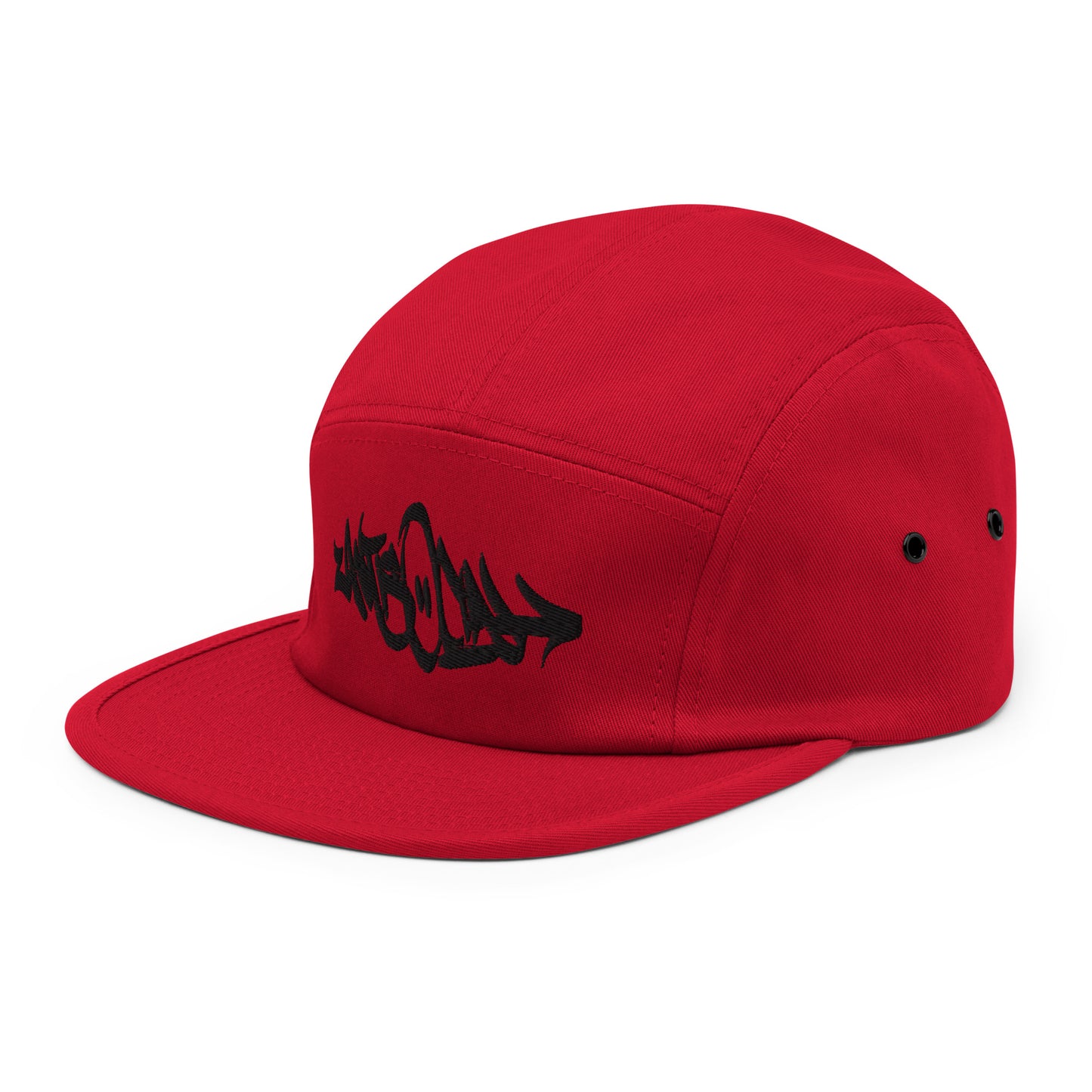 Red-Antisocial Graffiti Tag 5-Panel Snapback Hat from B.Different Clothing, 3/4 left view, graffiti-inspired streetwear