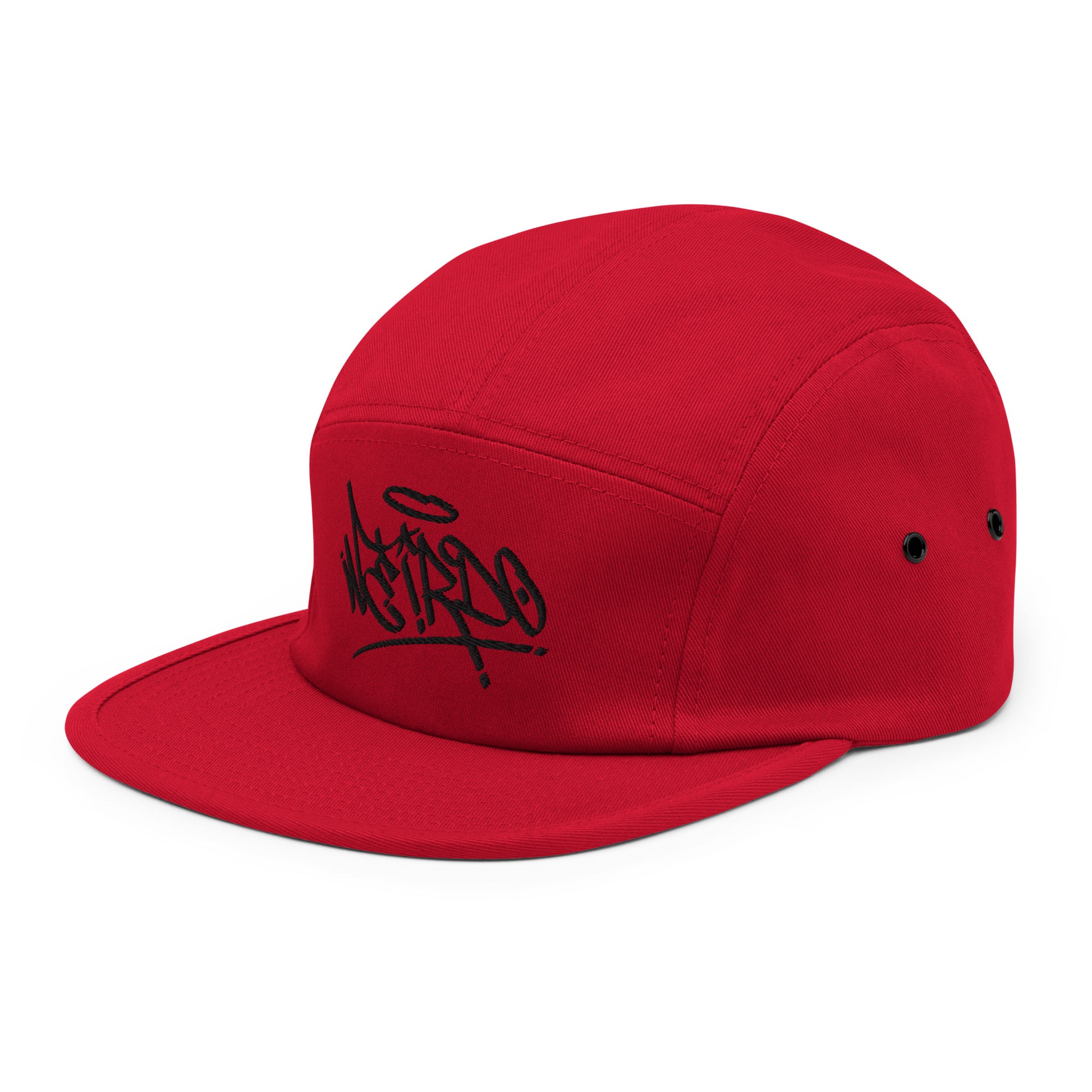 Red-Weirdo Graffiti Tag 5-panel Snapback Hat from B.Different Clothing, 3/4 left view, graffiti-inspired streetwear