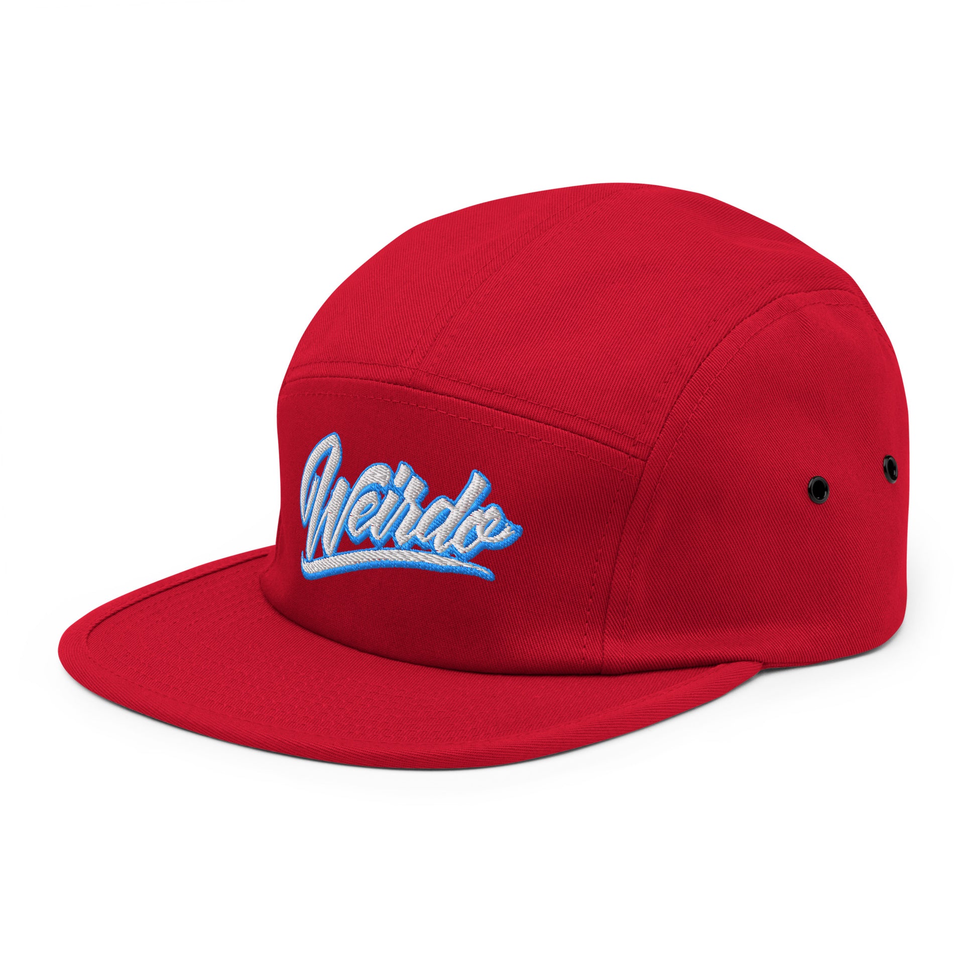 Red-Weirdo 5-panel Snapback Hat from B.Different Clothing, 3/4 left view, graffiti-inspired streetwear