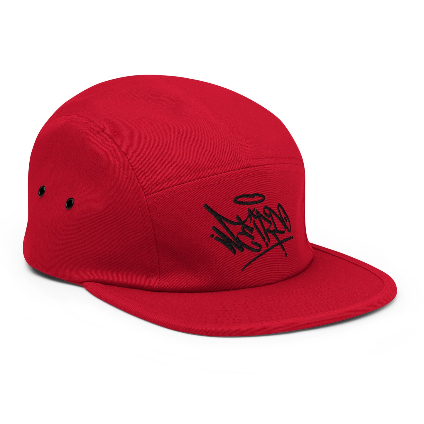 Red-Weirdo Graffiti Tag 5-panel Snapback Hat from B.Different Clothing, 3/4 right view, graffiti-inspired streetwear
